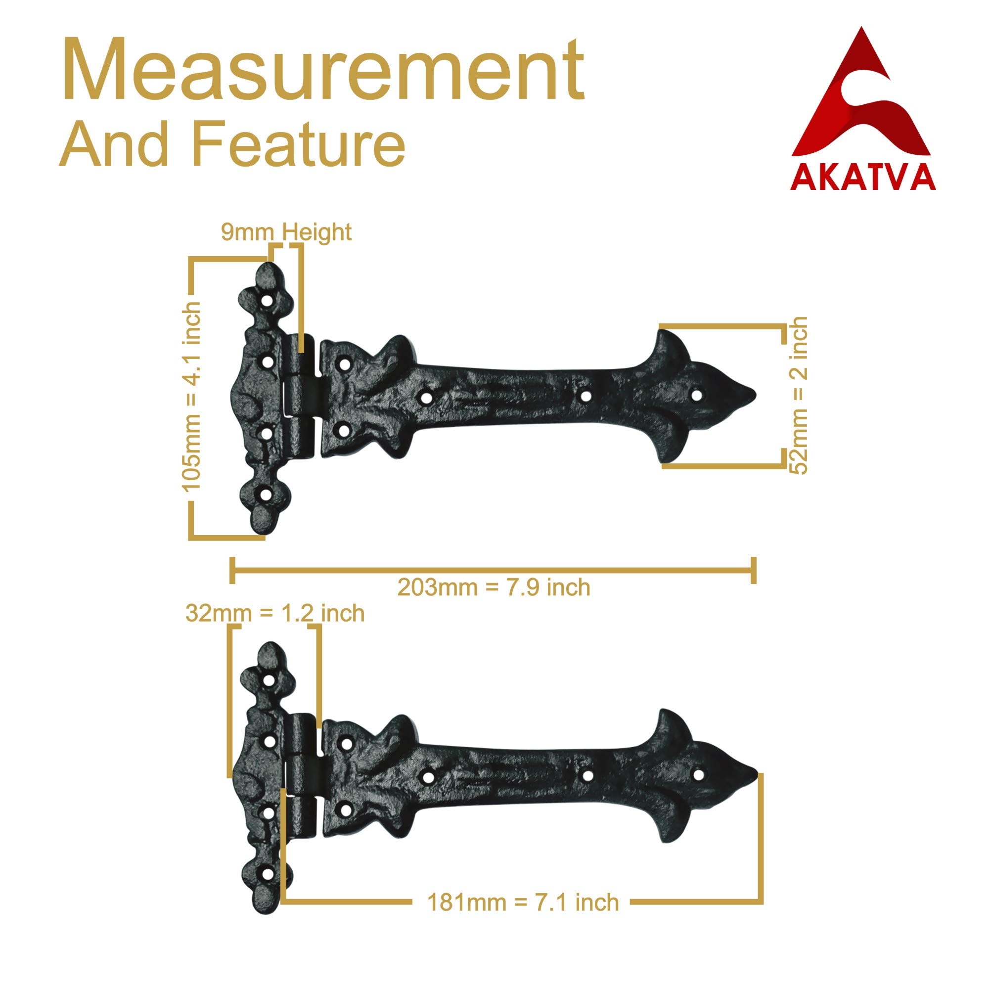 Akatva Olenyok T Hinge Set 2Pieces Heavy Duty Gate Hinges for Wooden