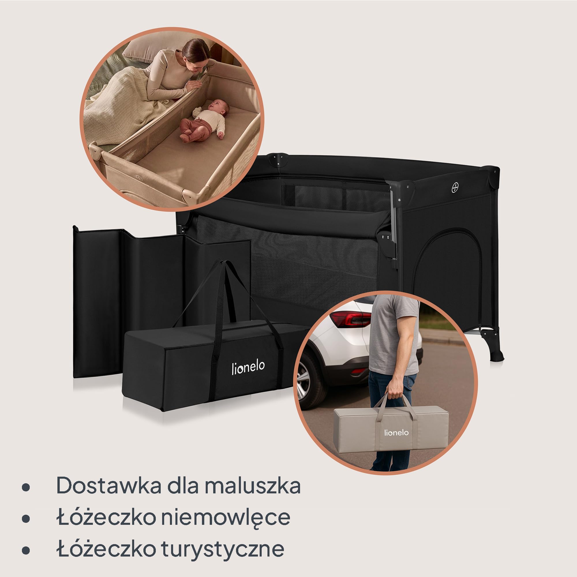LIONELO ELLEN 3 w 1 łóżko podróżne 0-3 lata, Cododo dla noworodków i starszych dzieci do 15 kg, 2 wysokości materaca, paski mocujące, zamek boczny, 2 koła, torba (czarny)