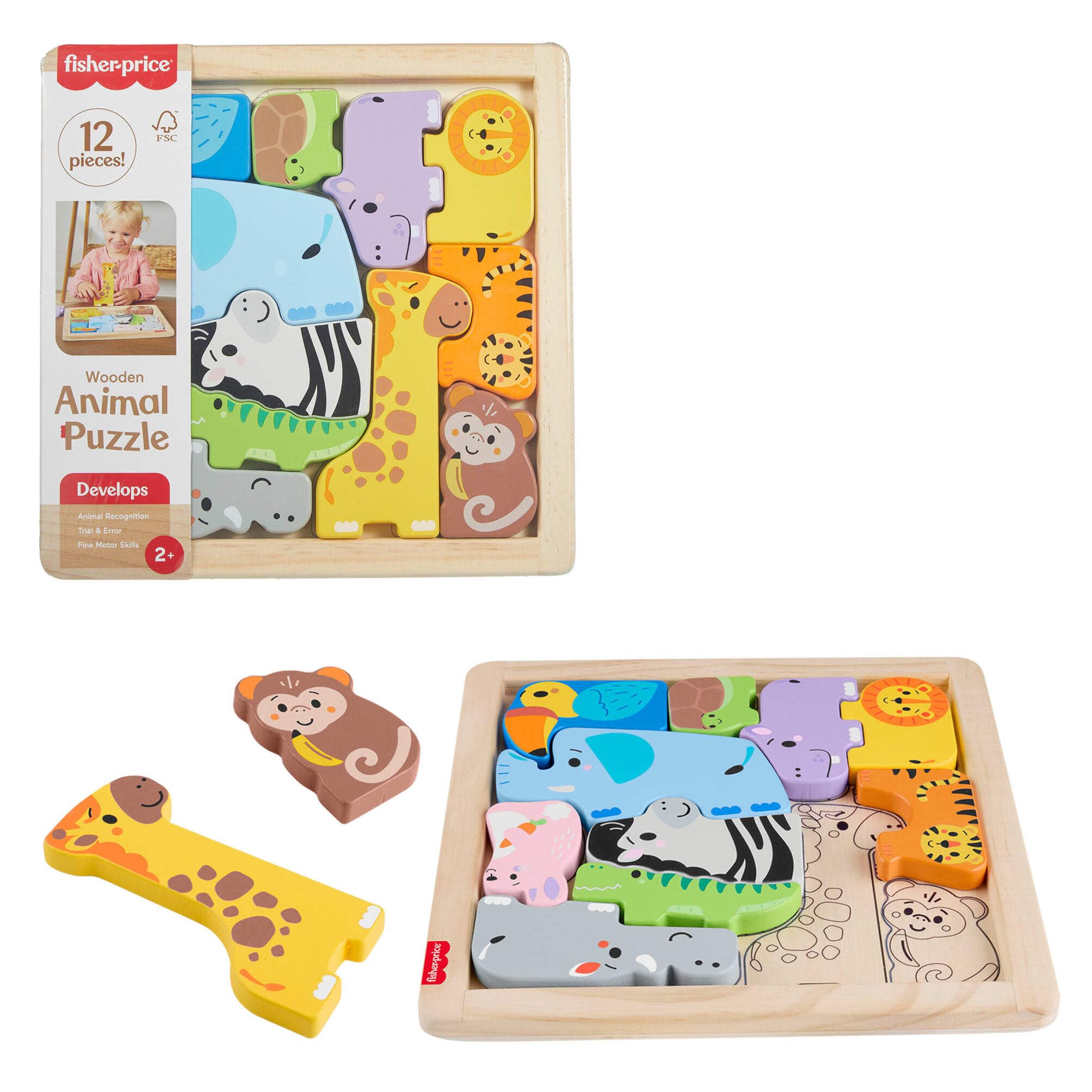 Fisher-Price Rompecabezas infantil de animales de madera, juego de clasificación de formas con 13 piezas de madera para edad preescolar, a partir de 2 años, JFG10