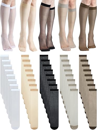 Geyoga 20 Pairs Knee High Stockings for Women Sheer Knee High Socks Nylon Socks, 5 Colors