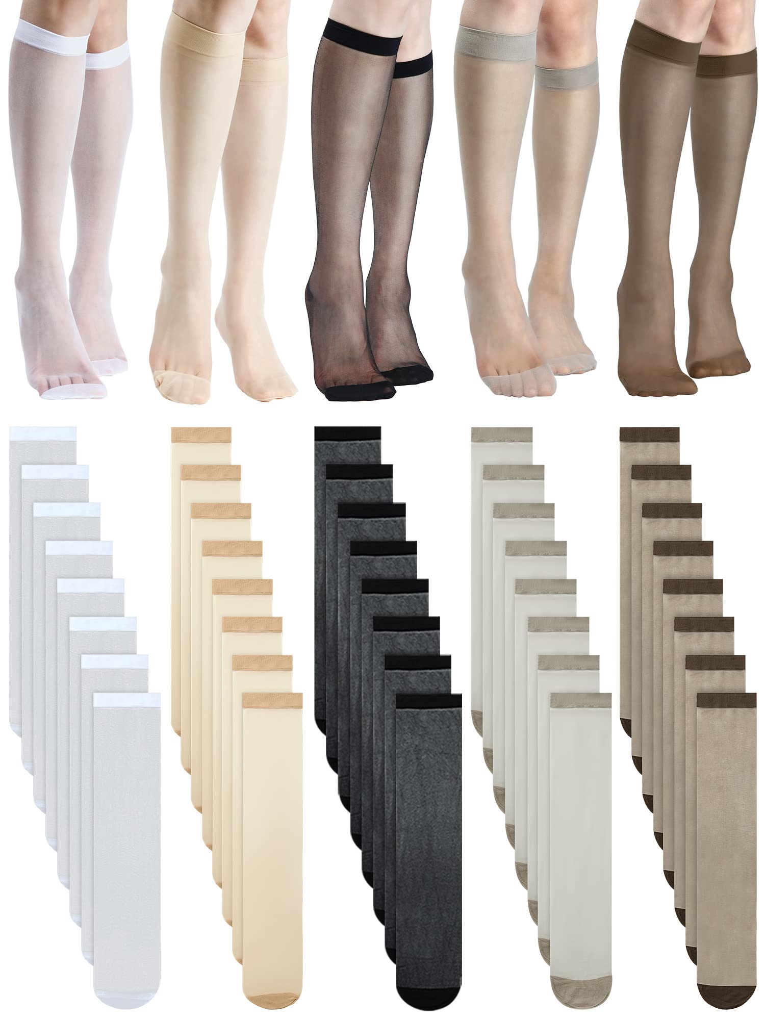 20 Pairs Knee High Stockings for Women Sheer Knee High Socks Nylon Socks, 5 Colors