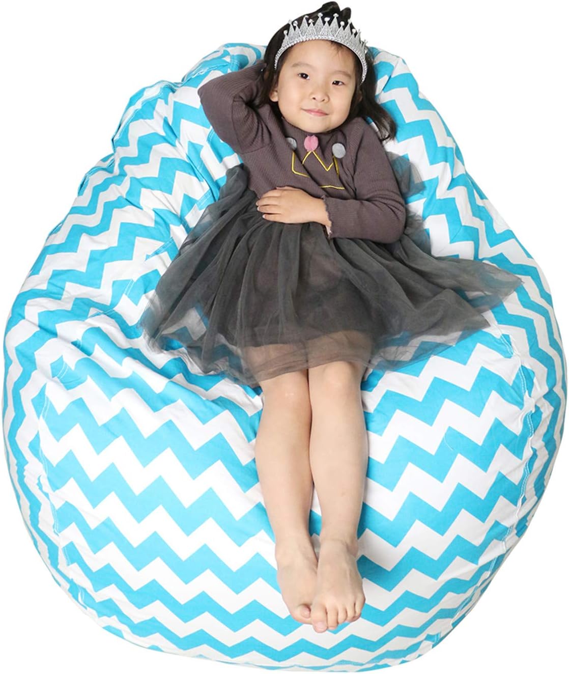 Great Eagle 58 x 52 in (Flat Size) Extra Large 100% Cotton Canvas Kids Stuffed Animals Toys Storage Bean Bag Chair Cover Only for Kids, Toddlers,Teens and Adults(Chevron Blue Turquoise)