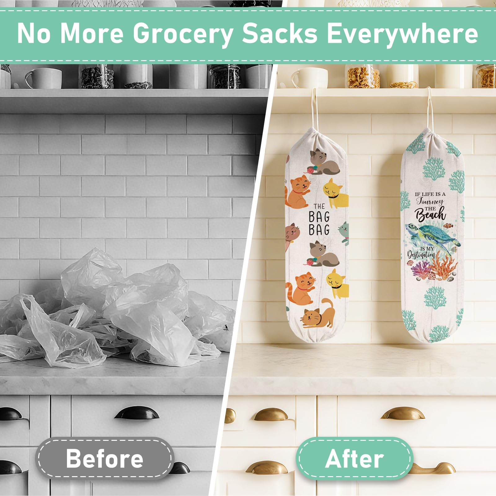 WELLBANEE 2Pcs Cat Plastic Grocery Bag Holder or Dispenser, Bag Holder for Plastic Bags, Cute Cat Plastic Bag Organize - PB003