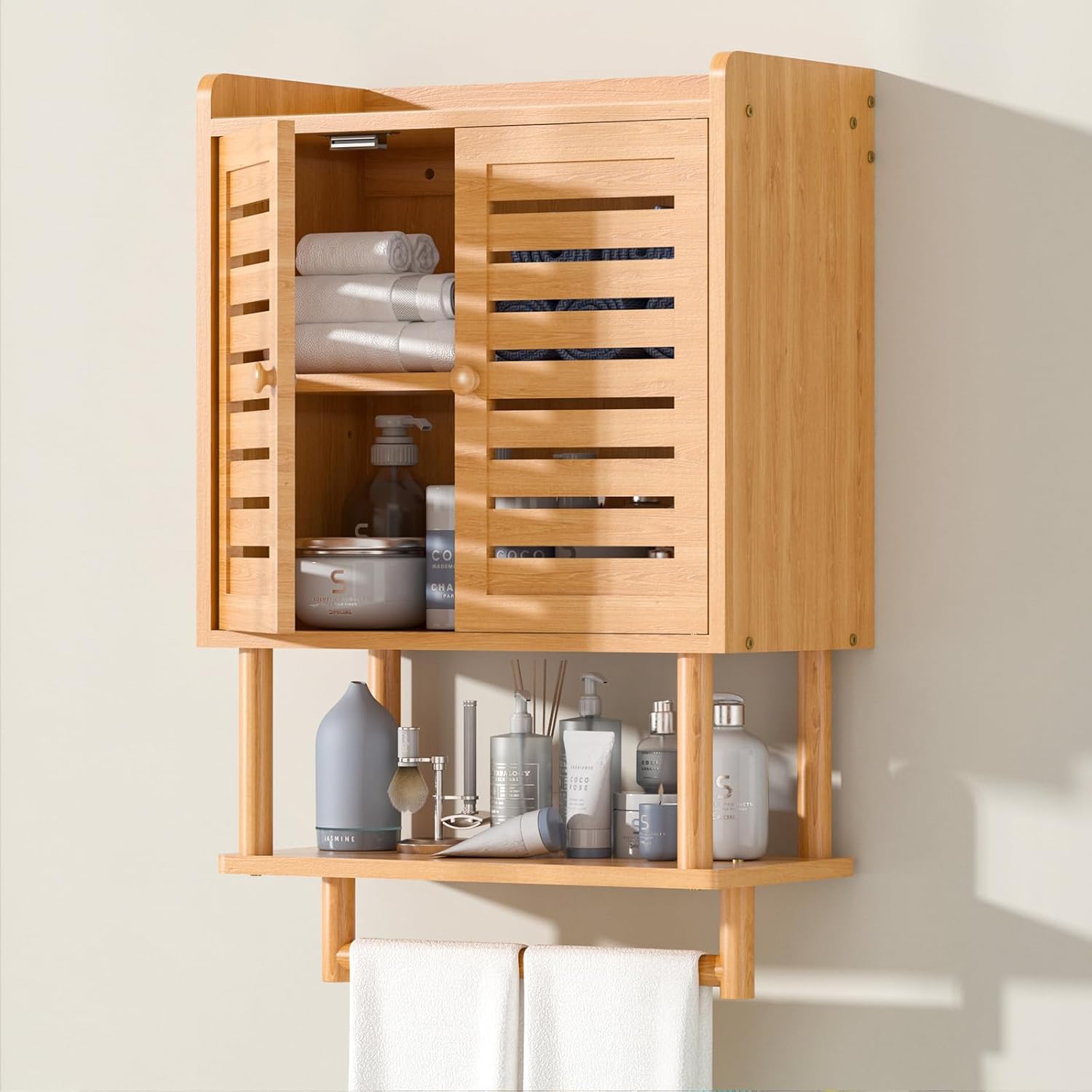 Bathroom Wall Cabinet, Over The Toilet Storage Cabinet with Adjustable Shelves, Medicine Cabinets with Towel Bar, Bamboo Wall Mounted Hanging Cabinet with 2 Door for Laundry Room, Bedroom