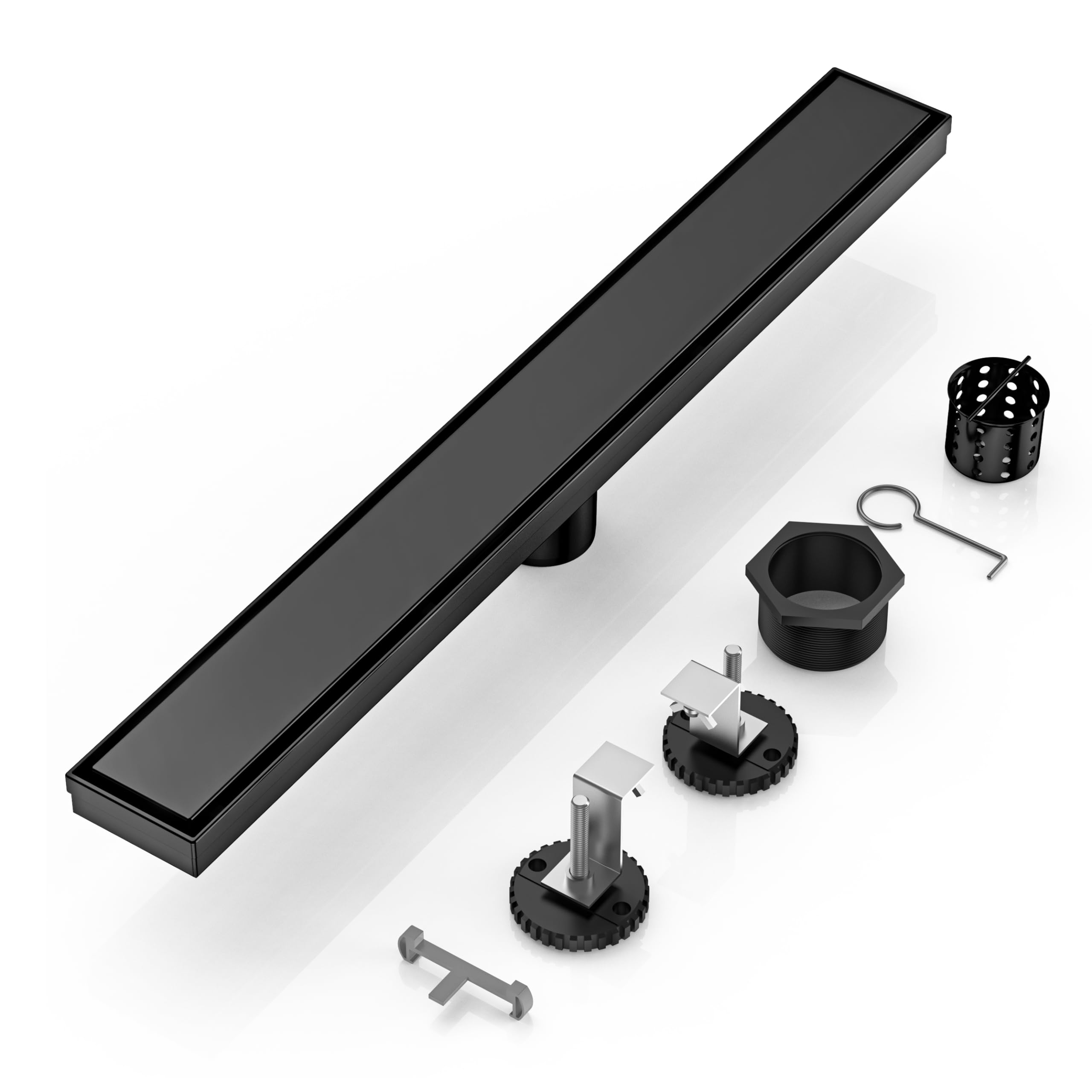 EBYTE 24-Inch Matte Black Linear Shower Drain, 304 Stainless Steel Long Linear Drain with Tile Insert Grate, Rectangle Shower Floor Drain with Leveling Feet, Hair Strainer