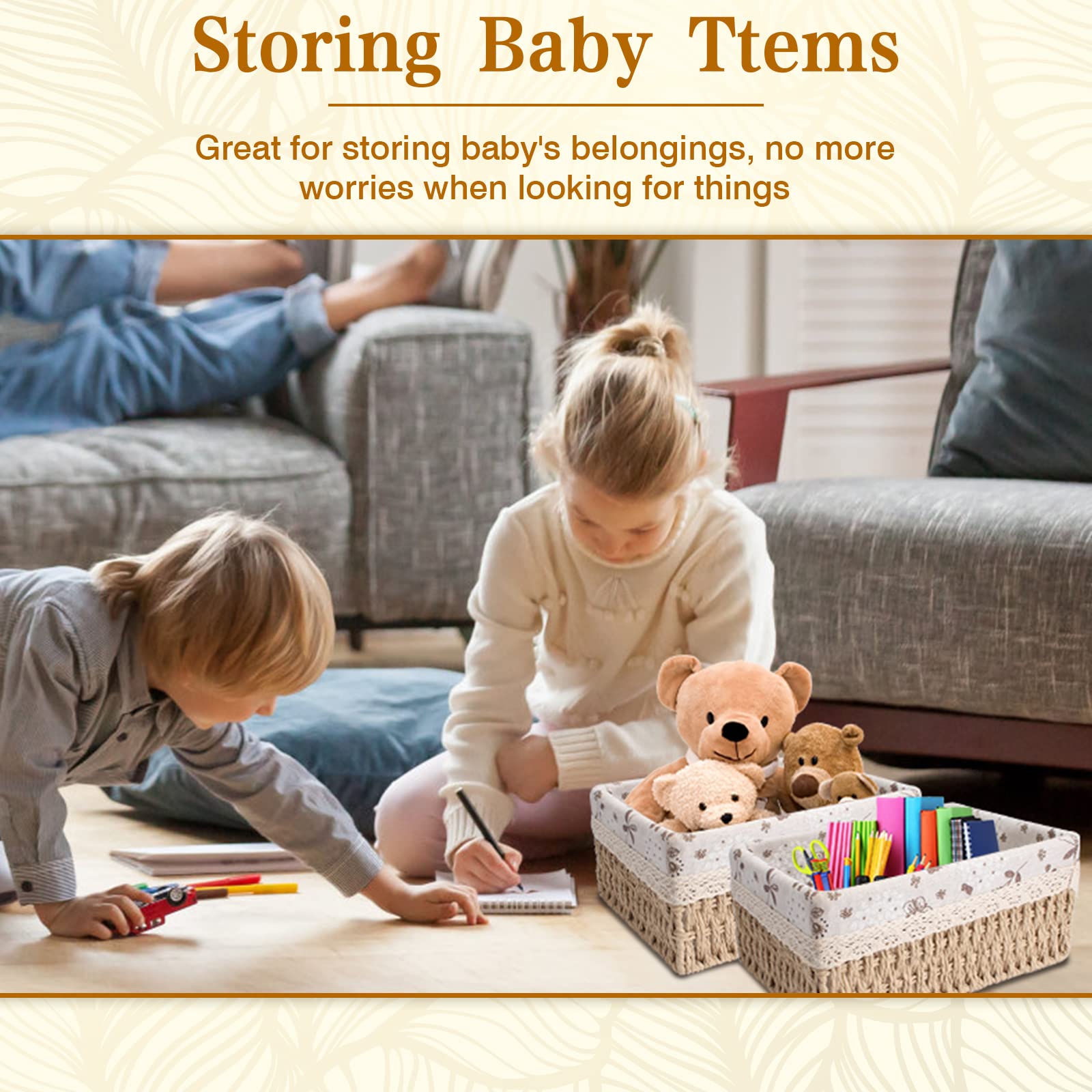 Set di 3 Cestini Portaoggetti Bambini, Cesto in Corda di Carta, Cestini di Stoccaggio, per Camerette, Bagno, Cassetti, Cucine, Soggiorno（Tre Dimensioni）