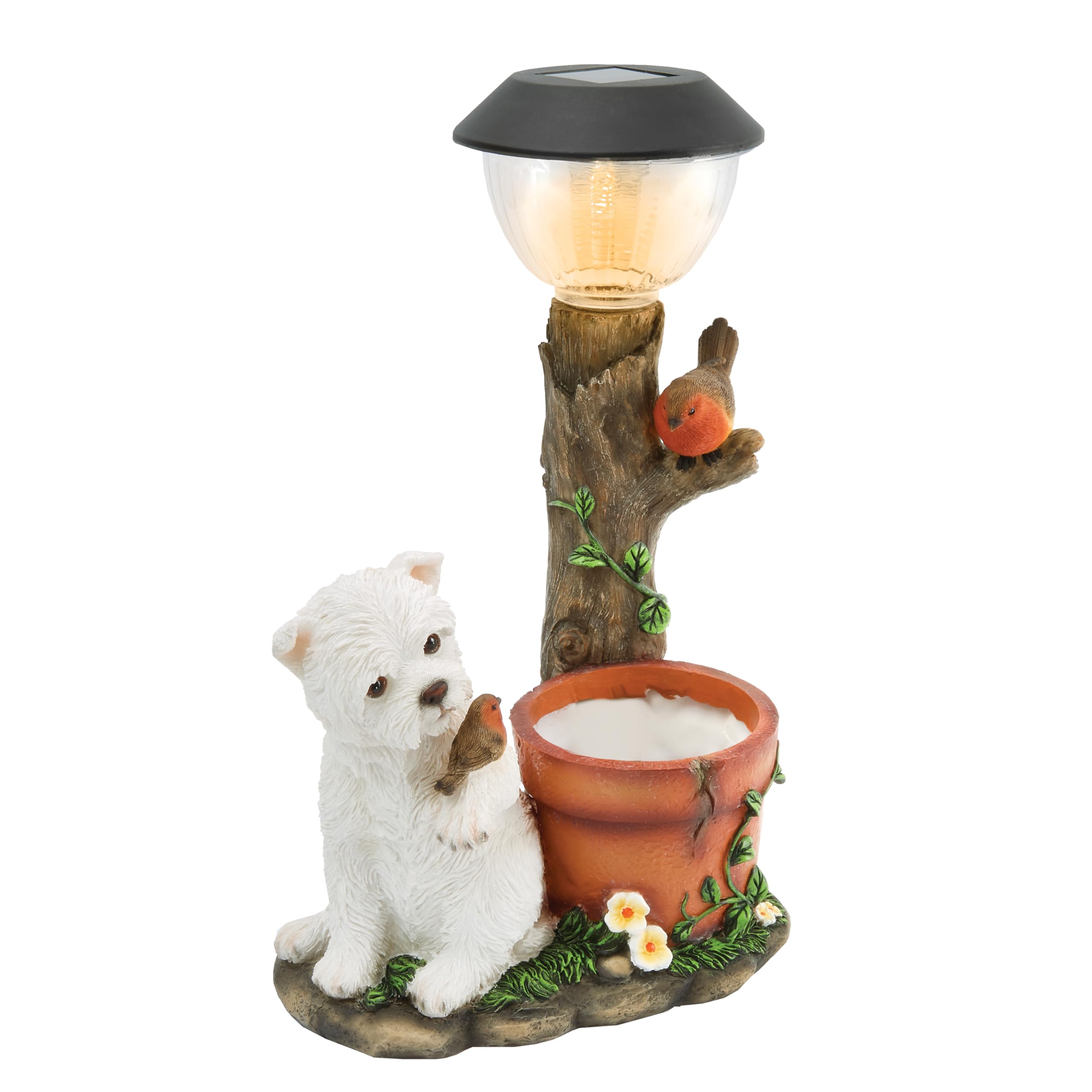 Coopers Of Stortford Multicolor - Westie Planter With Solar Lantern - Cute Dog & Robin Design - Garden Flower & Herb Pot - Auto-Illuminating Warm White Led - Weather-Resistant Polyresin