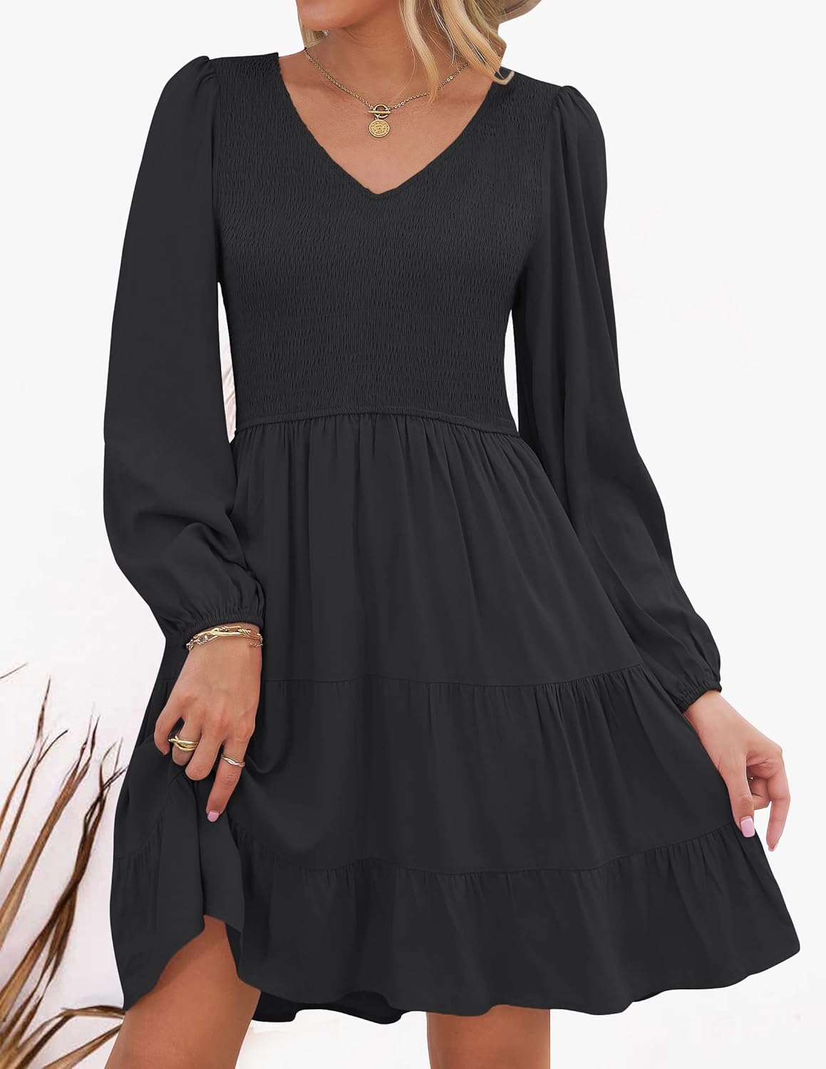 ZESICA Women's Casual V Neck Long Sleeve Smocked High Waist Ruffle A Line Tiered Mini Dress - Image 7