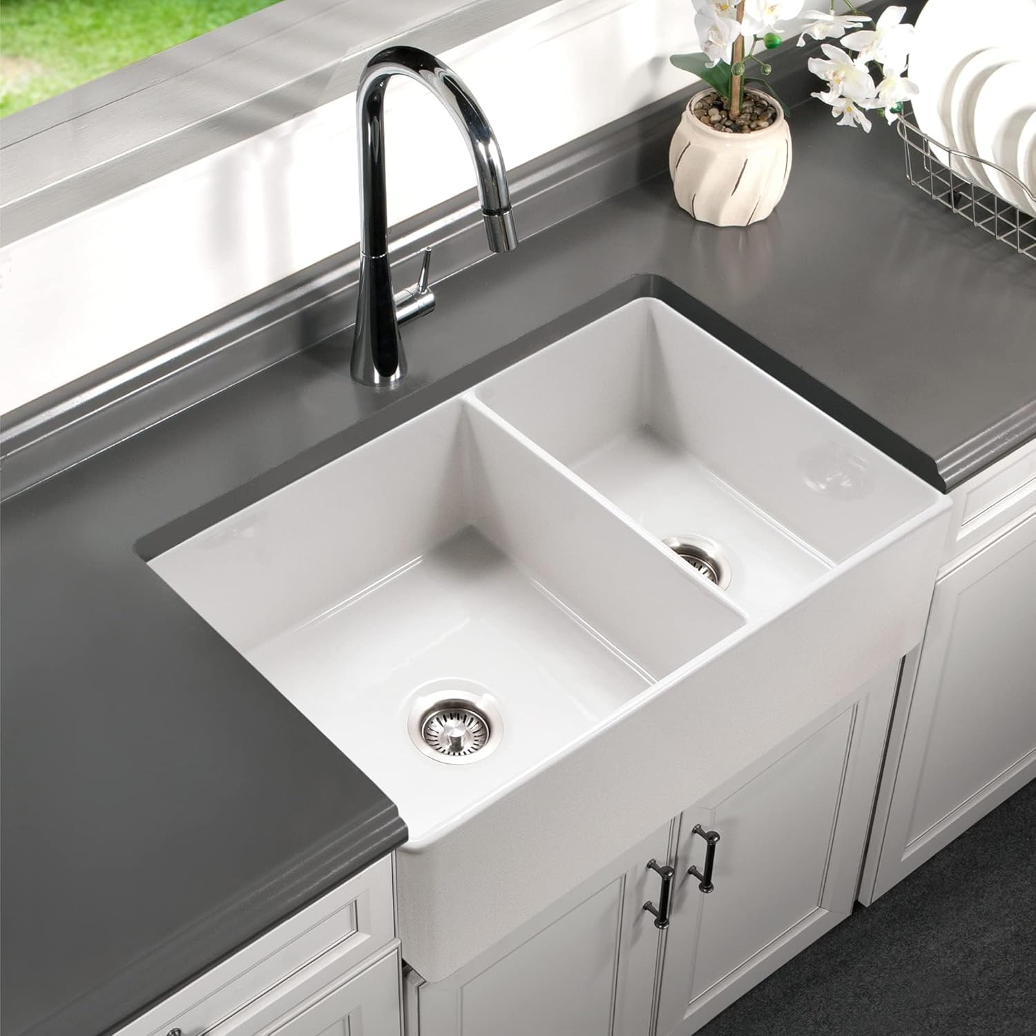 Houzer PTD-6040 WH Platus 33 inch Fireclay Apron Front Farmhouse 60/40 Double Bowl Kitchen Sink, Non Porous Surface Impervious to Cracks and Chips, White