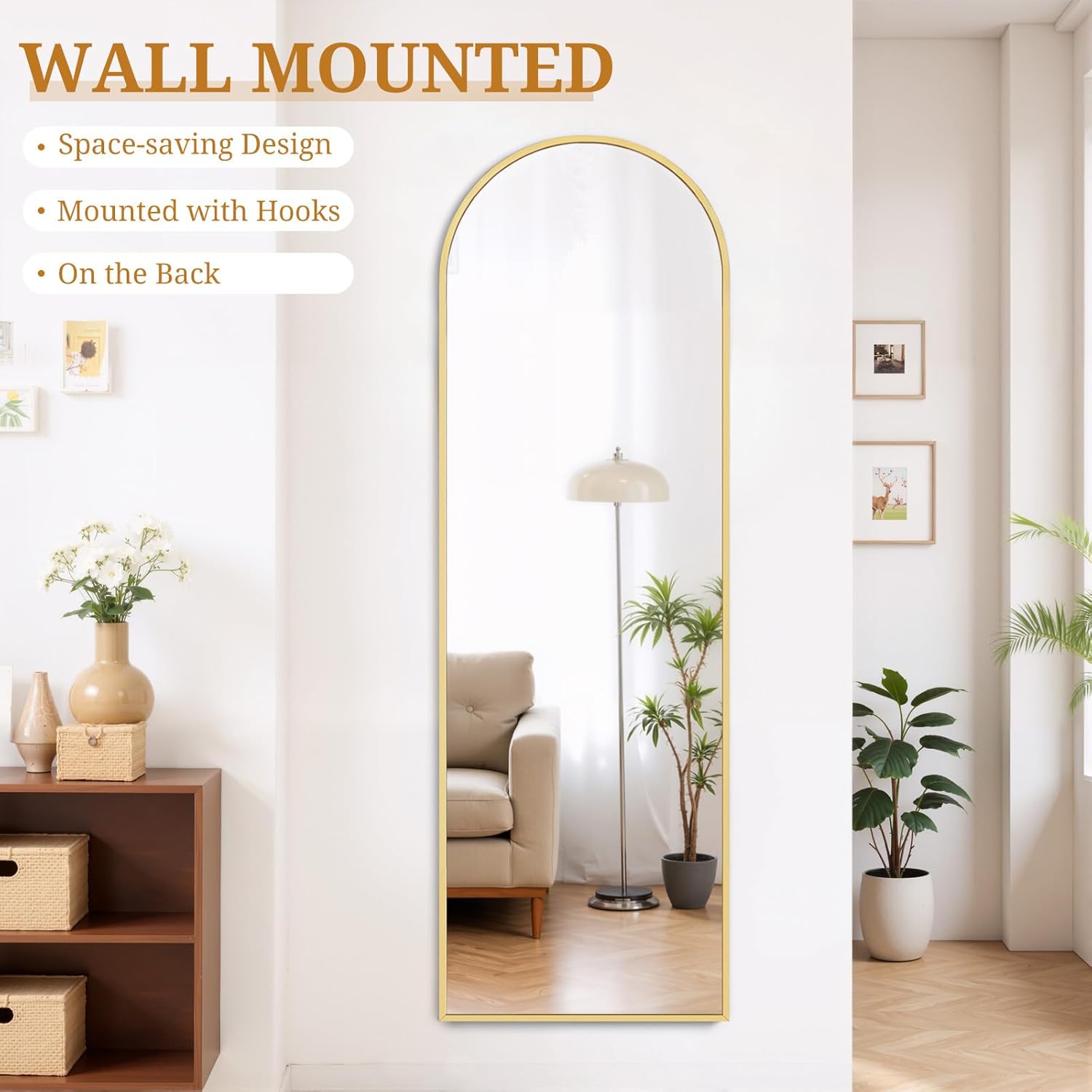Full Length Mirror 59"x16" Full Body Mirror Arched Free Standing Wall Mounted Leaning Floor Mirrors with Stand Aluminum Alloy Frame for Bedroom Cloakroom, Gold