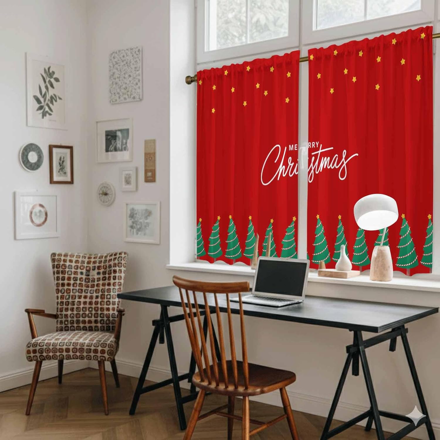 Merry Christmas Red Kitchen Tier Curtains 45 Inch Long 2 Panel Set,Rod Pocket Short Window Treatment,Xmas Tree Stars Winter New Year Curtains & Drapes for Bathroom Basement 27.5"W x 45"L