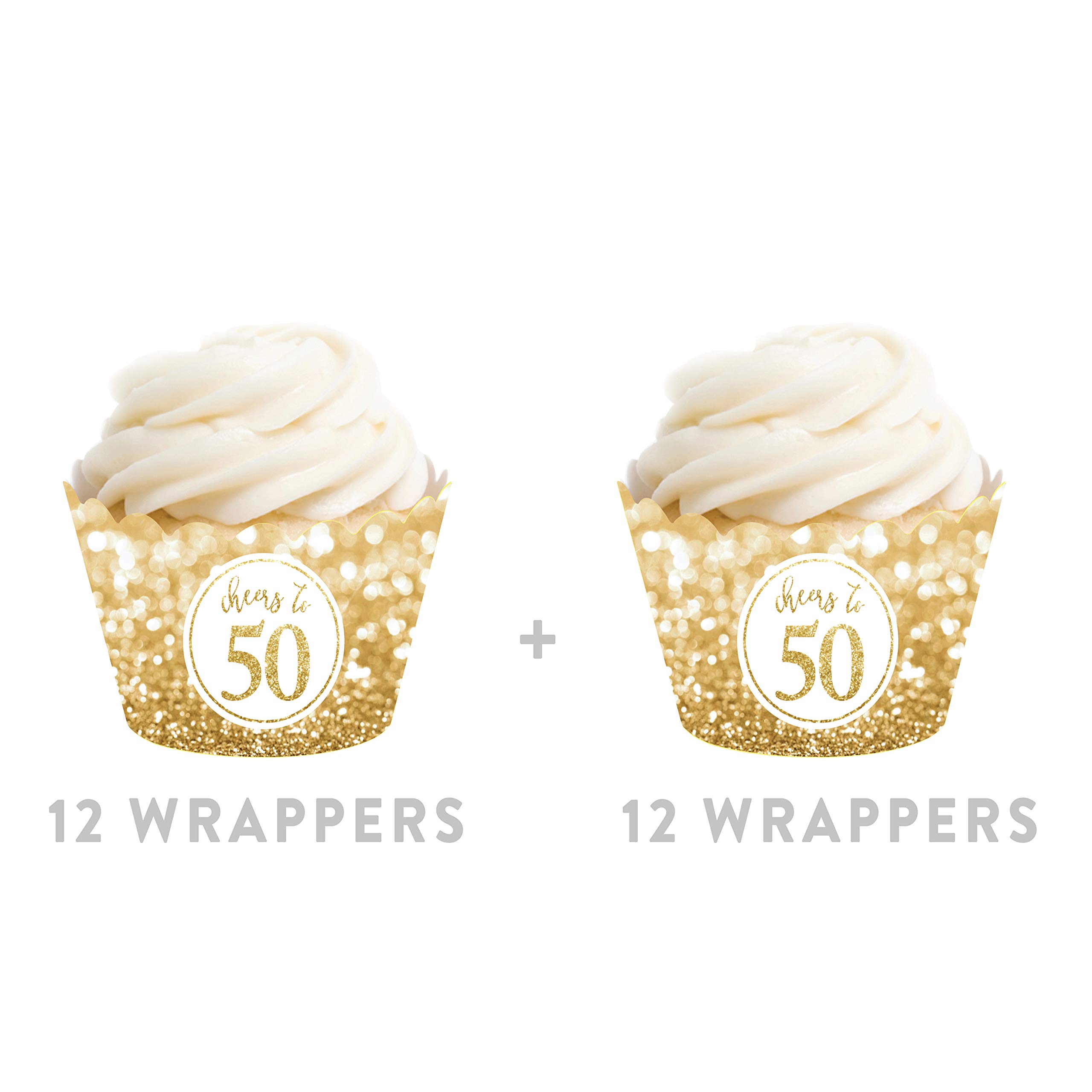 Andaz Press Glitzy Faux Gold Glitter Cupcake Wrapper Decorations, Cheers to 50 Years, 50th Birthday or Anniversary, 24-Pack, Not Real Glitter