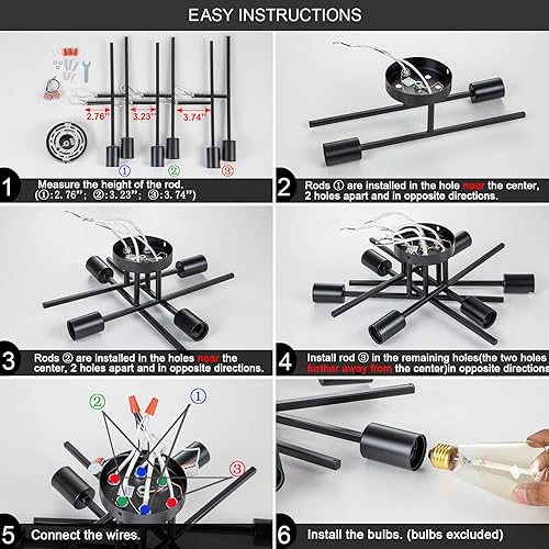 Miniatura 7 de Lámparas de araña Sputnik, lámpara de techo moderna semiempotrada con base E26, lámpara de cocina industrial de mediados de siglo estilo granja para