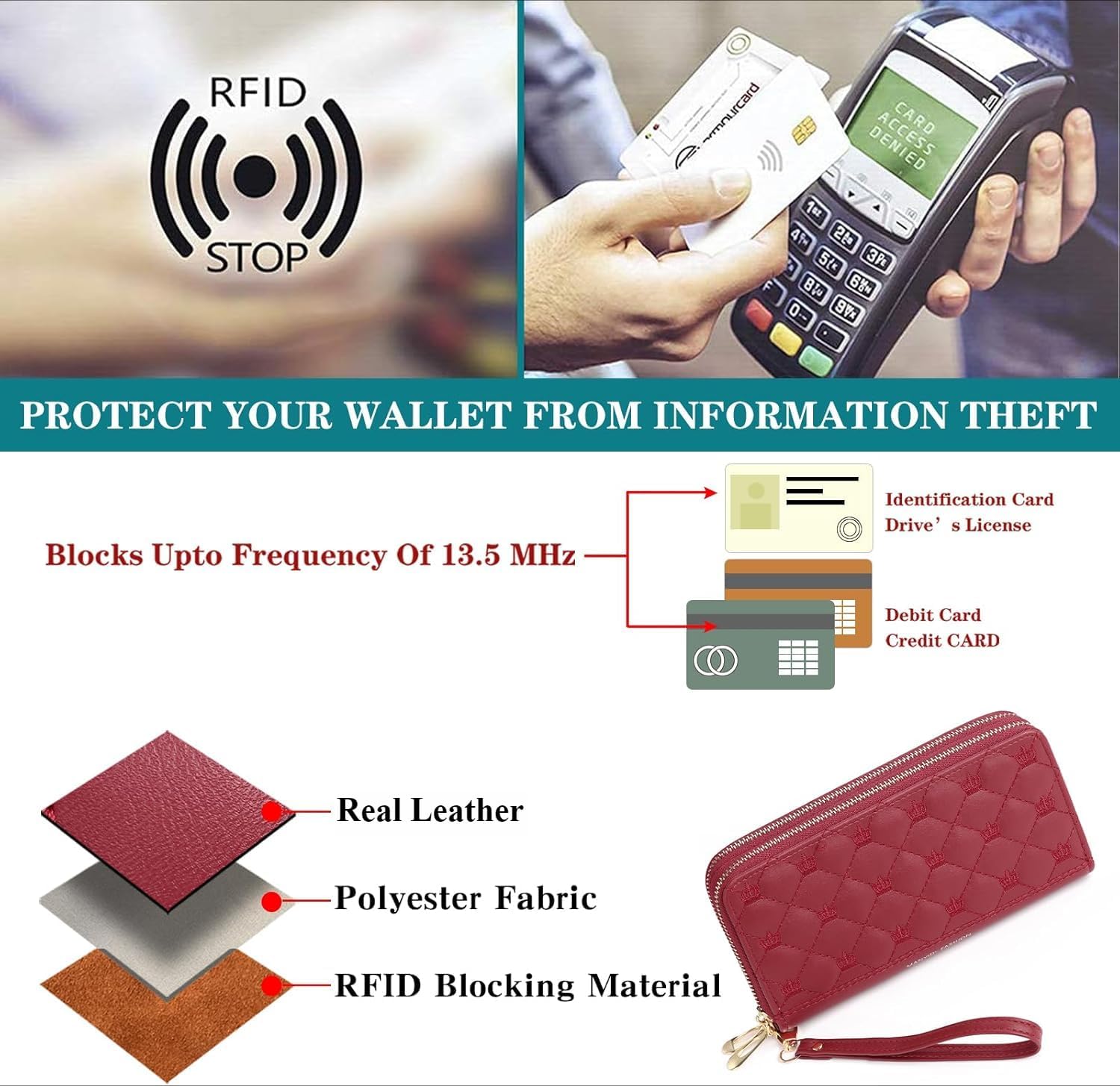 Genuine Leather Wallet for Women RFID Blocking Credit Card Holder with Double Zipper Phone Wristlet Purse (Red)