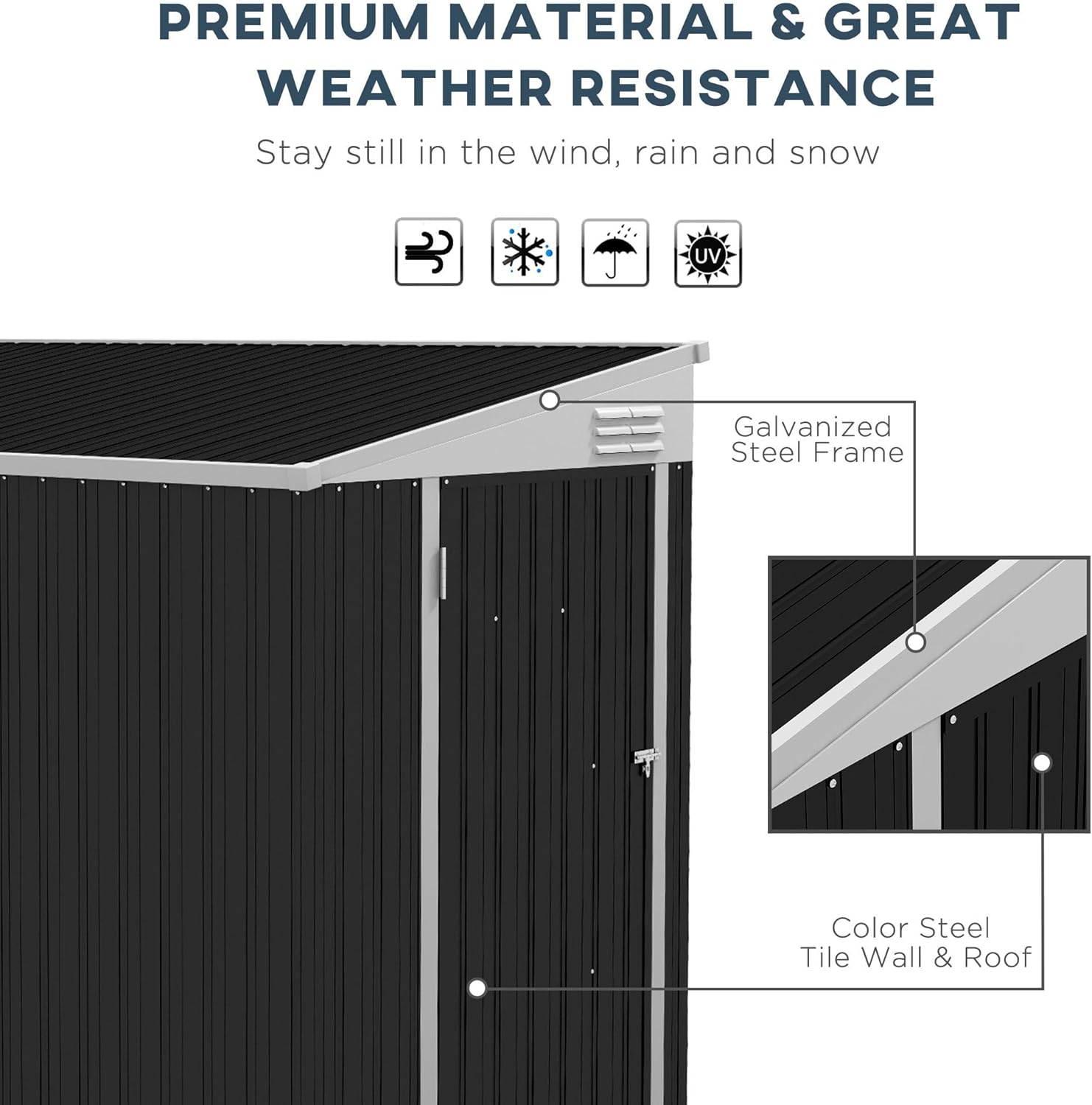 4x8 Sturdy Corrosion-Resistant Galvanized Metal Lean-to Structure Garden Storage Unit Featuring Lockable Doors Ventilation Vents Gray