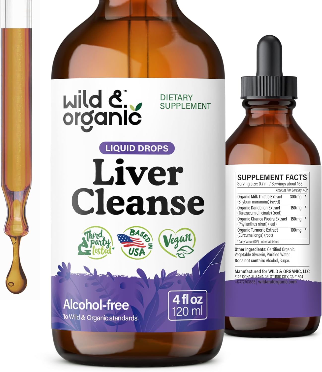 Wild & Organic Liver Cleanse Detox Tincture – Milk Thistle, Dandelion Root Herbal Complex – Liquid Liver Support Supplement – Vegan, Sugar & Alcohol-Free Milk Thistle Drops – 4 fl oz