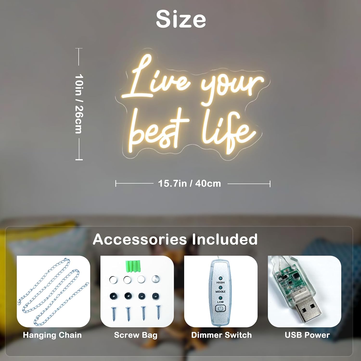 Live Your Best Life Neon Sign Dimmable Led Neon Lights for Wall Decor USB Encouragement Word Neon Light Up Signs for Bedroom Home Bar Office Study Room Wedding Birthday Party Teens Girls Gifts