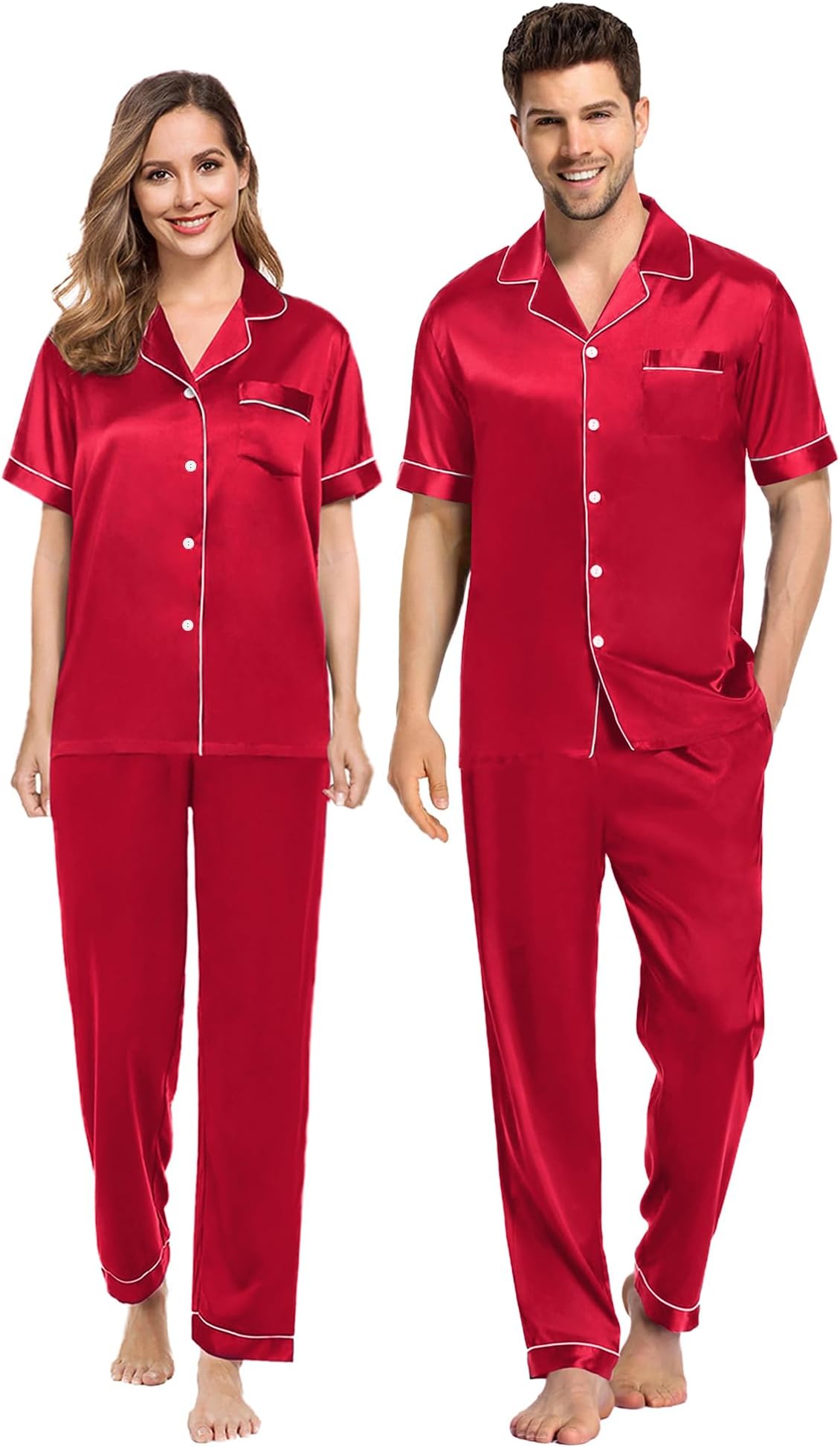 SWOMOGCouples Pajamas Sets Women & Men Satin Short Sleeve Sleepwear Button Down Loungewear Pjs Set with Long Pants