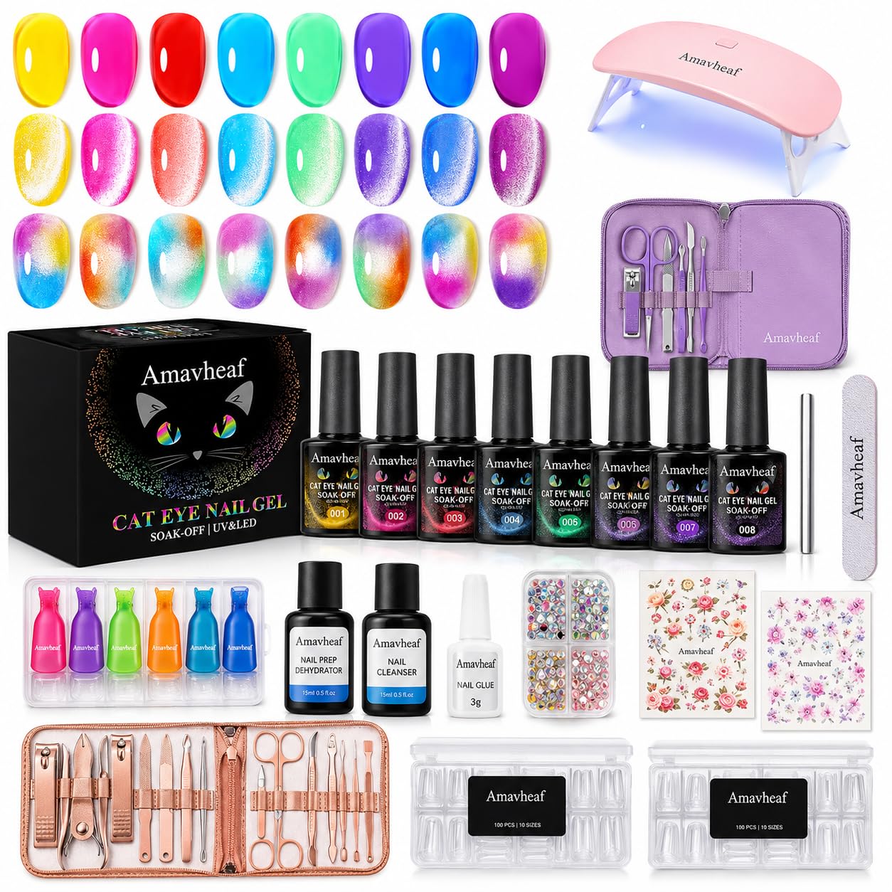 Cat Eye Gel Nail Polish Kit with LED Nail Lamp, Magnetic Gel Polish Set with Magnet Stick, Nail Tips, Nail Glue, Manicure Tools and Nail Art Accessories, Soak Off UV LED Gel for DIY Nails (Set A)