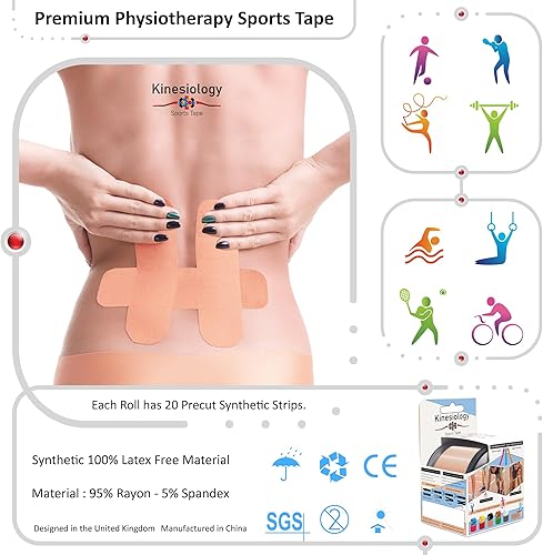 Miniatura 5 de Cinta de kinesiología precortada con dispensador, cinta sintética para músculos deportivos, azul, rollo de 16.4ft, 20 tiras, cinta de fisioterapia