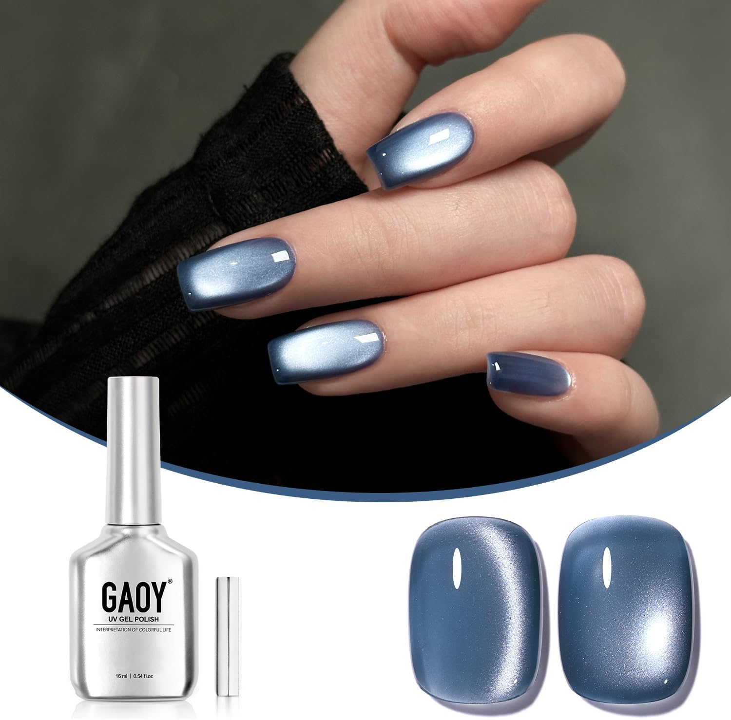 Jelly Blue Cat Eye Gel Nail Polish, 16ml Glitter Holographic Nail Polish with Magnet, Reflective Translucent UV Gel, 2990 Stormy Sky