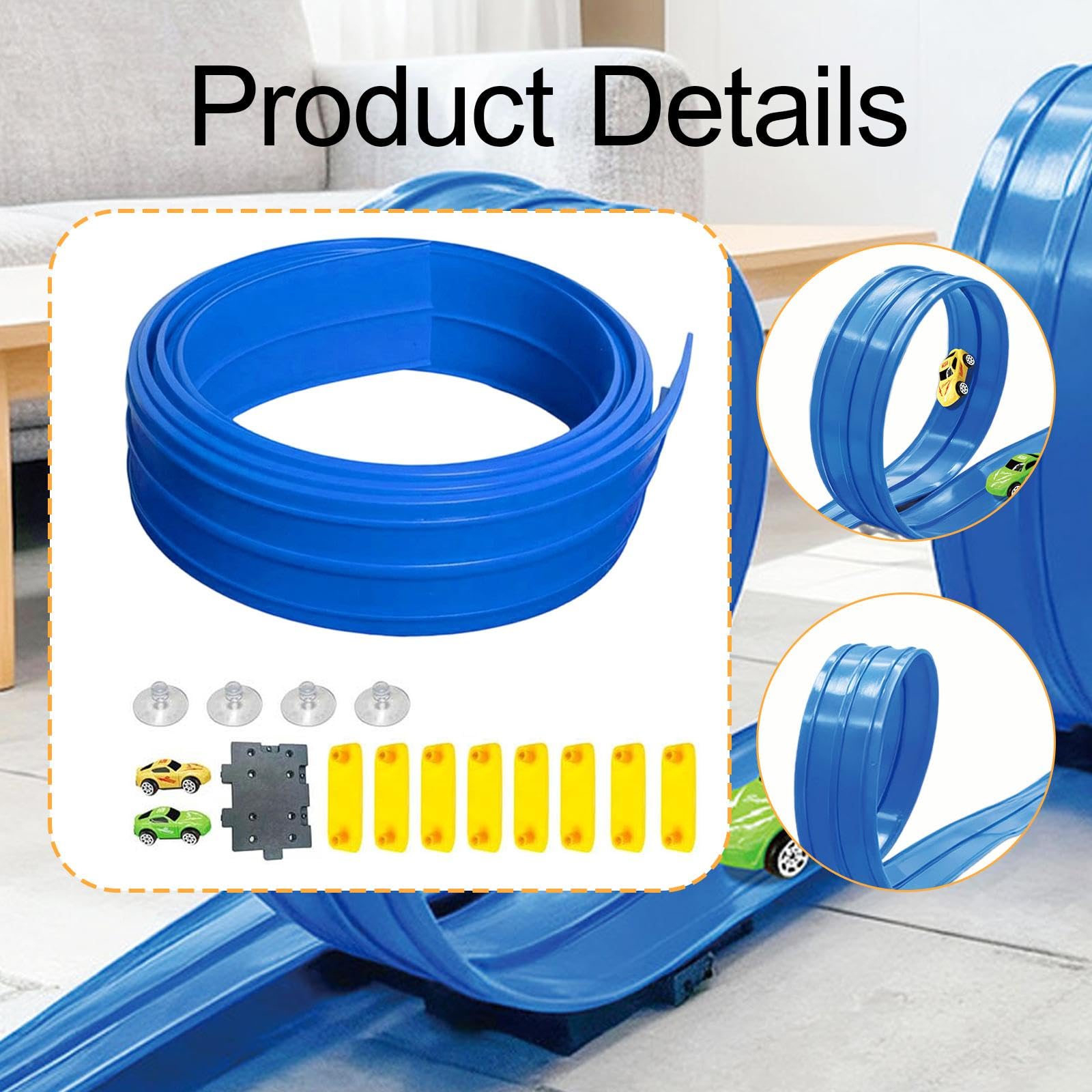 Flexible Rennstrecke Spielzeug Set mit Saugknöpfen Kompakte Rennbahn für Kinder Robuste Diecast Autos DIY Rennbahn Bastelset für Familienausflug Kinde, Blau, 4m