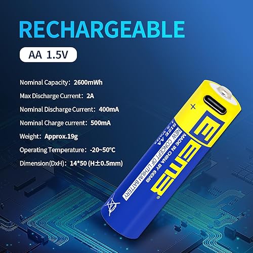 Miniatura 2 de EEMB Paquete de 8 pilas AA recargables AA de 1.5 V, baterías de litio AA USB 4 en 1 USB tipo C, cable de carga de repuesto, 2600 mWh para linterna