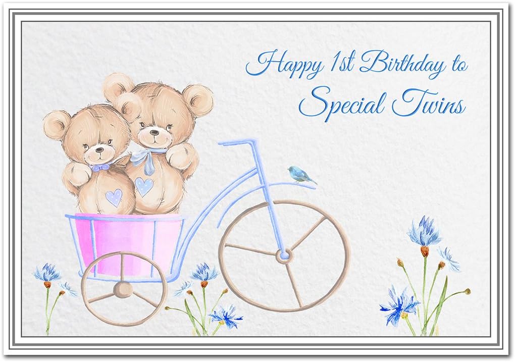 Twins 1st birthday card - 1 year old Boy - Twin Brother Design - Happy First milestone wishes for boys - Brothers Sons Cousins Nephews - Grandsons Godsons Friends - Premium quality