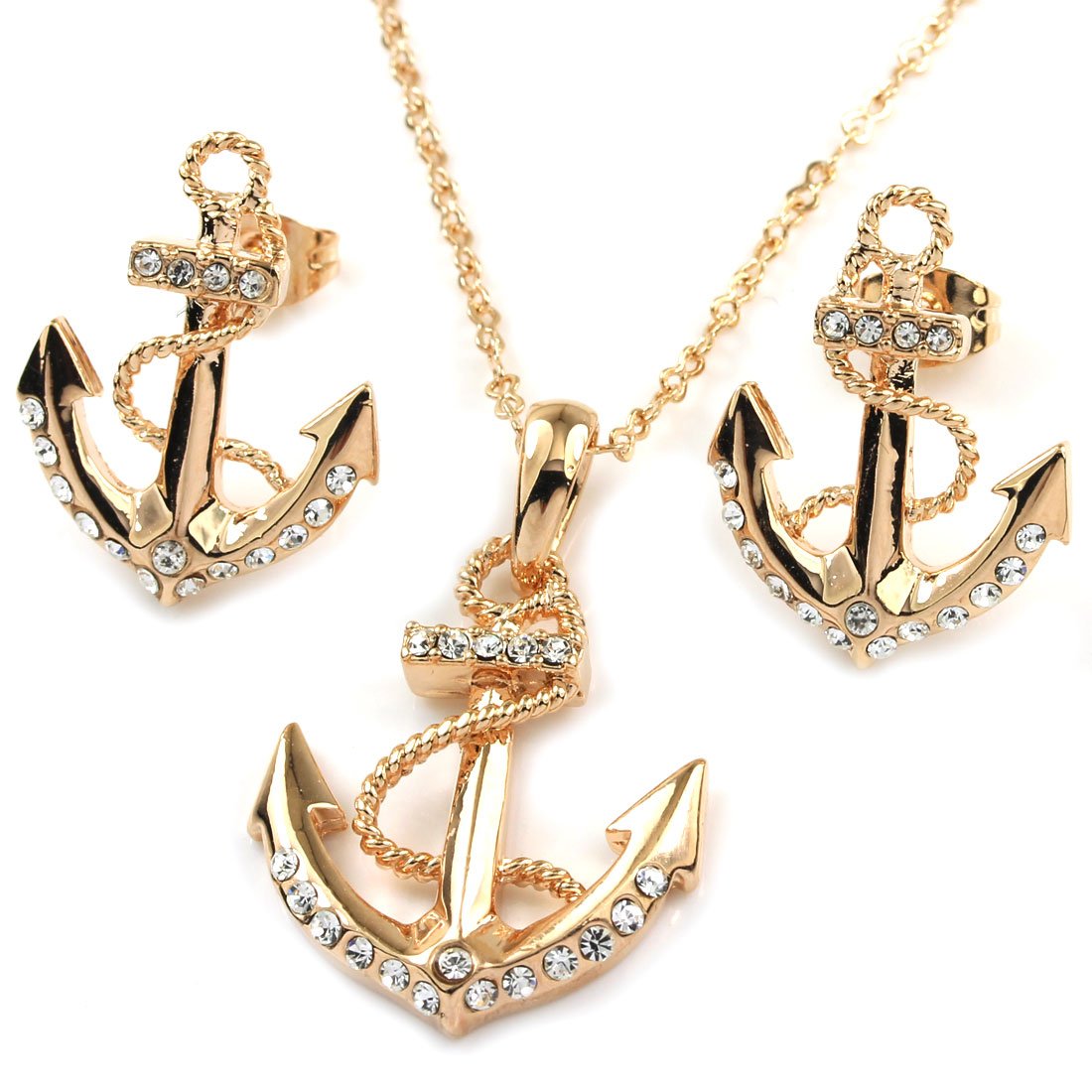 C JORY White & Rose Gold Plated Anchor Necklace Earring Studs Jewelry Set