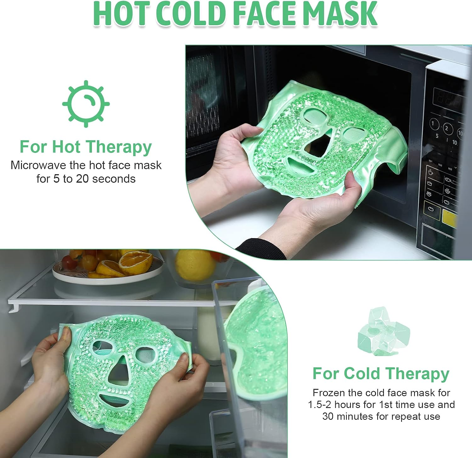 KOLTECH Reusable 2pcs Gel Beads Face and Eye Mask Gift Kit, Hot & Cold Mask Therapy for Migraine, Pain Relief, Puffiness, Sinus Pressure Acne Headaches Relaxation (Green)