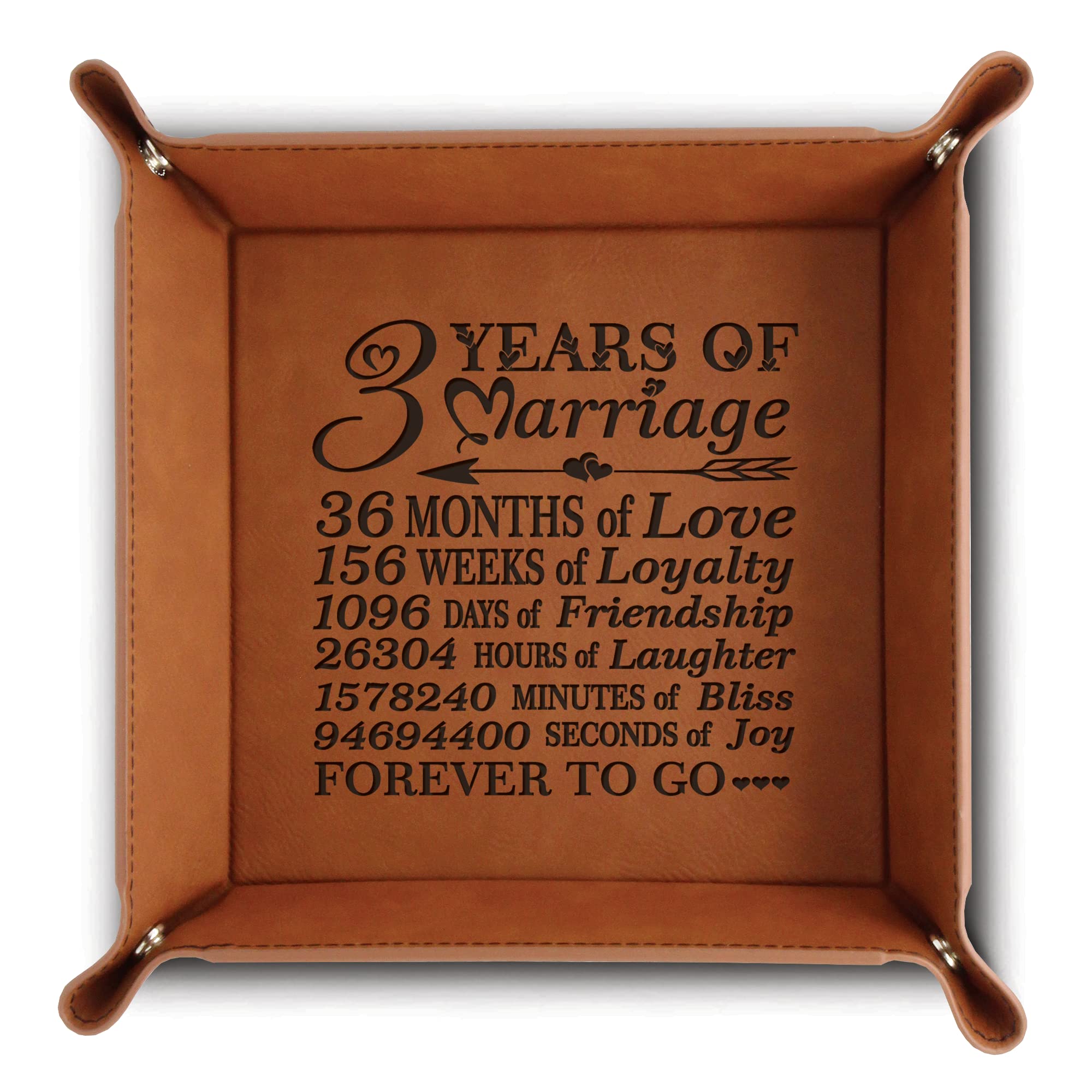 Bella Busta- 3 Years of Marriage-Forever to go-Engraved Leather Tray with Breakdown Dates-Storage & Organization Jewelry Trays (Rawhide 9x9 (Marriage))