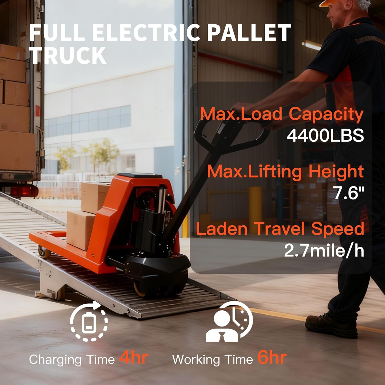 Full Electric Pallet Jack, 4400lbs Capacity Pallet Truck, 48V 20AH Lithium Battery Powered, 6 Hours Working Time, 3.35 to 7.68 Inch Lift Hight, 48 x 27 Inch Fork Size, for Material Handling