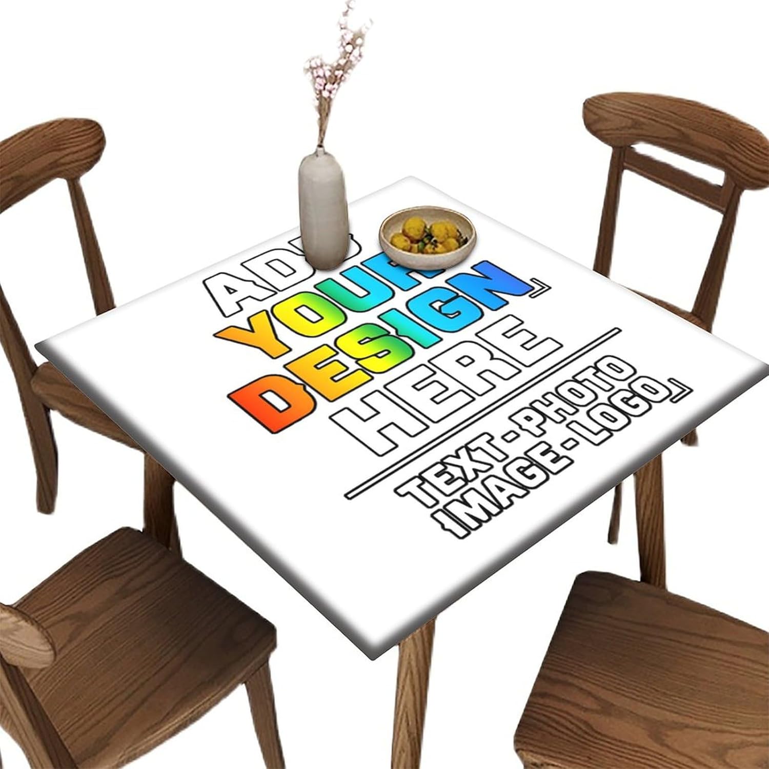 Customized Square Tablecloth, Personalized Fitted Table Cover Add Your Own Photo Text Logo Here, for Kitchen Restaurant Party Birthday Outdoor Picnic Use, White, Fits 52x52 in Table