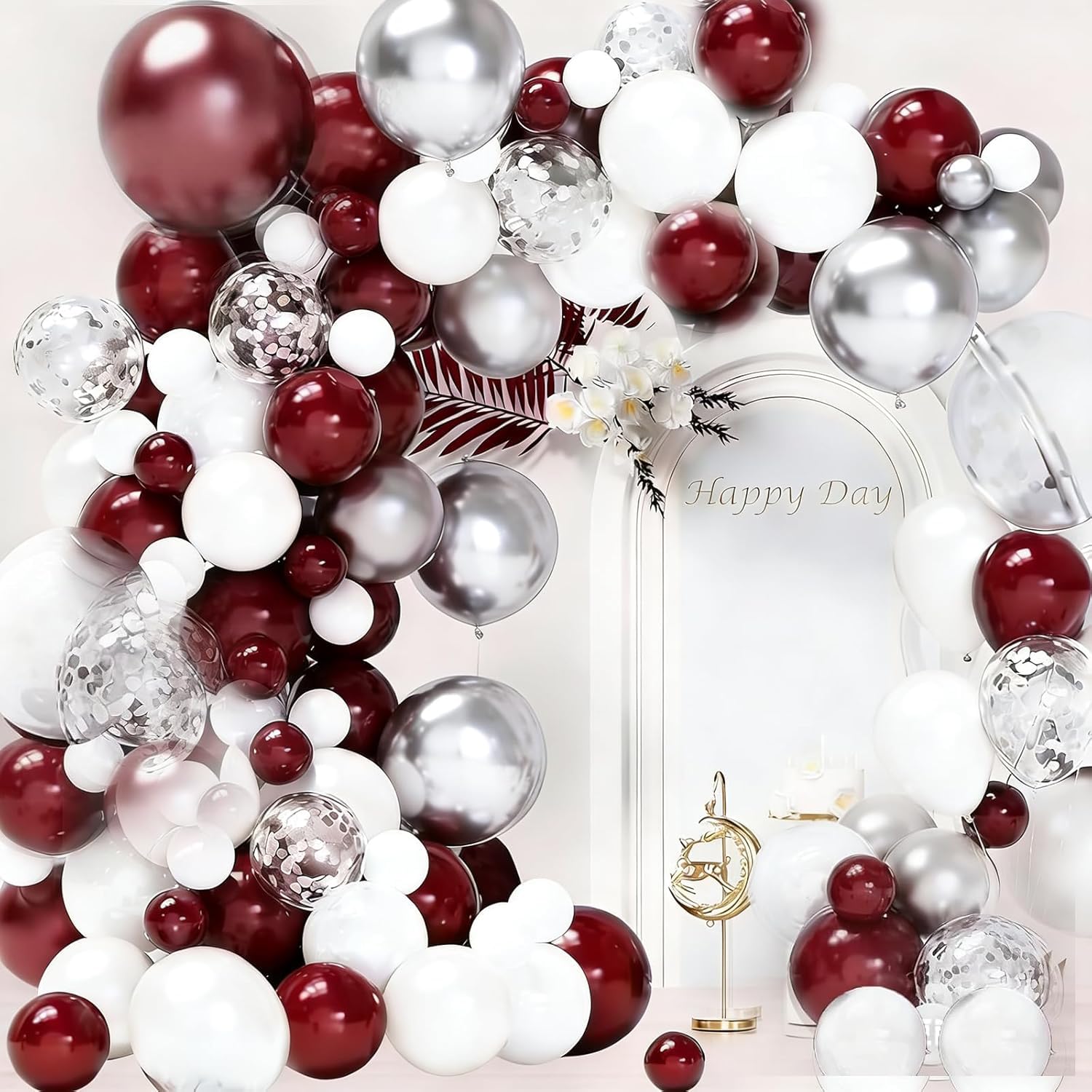Decoraciones de fiesta de graduación granate, kit de arco de globos burdeos, decoraciones de graduación, globos de confeti granate blanco/borgoña, blanco, plata, 134 piezas/granate cumpleaños, boda