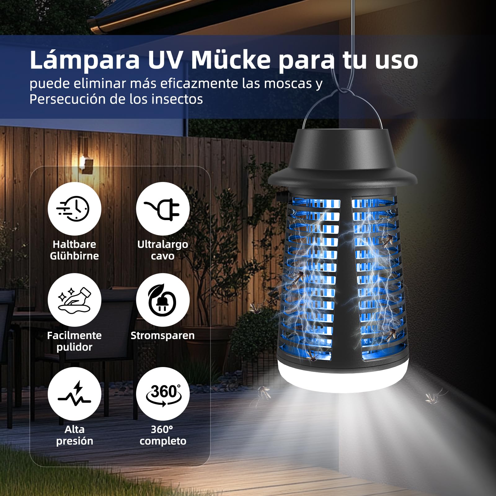Lámpara Antimosquitos, Tecnología de Descarga Eléctrica 4250V Antimosquitos y Protección IPX4, equipada con Luz UV 20W e Iluminación LED para una Acción Repelente Mosquitos en Interior y Exterior