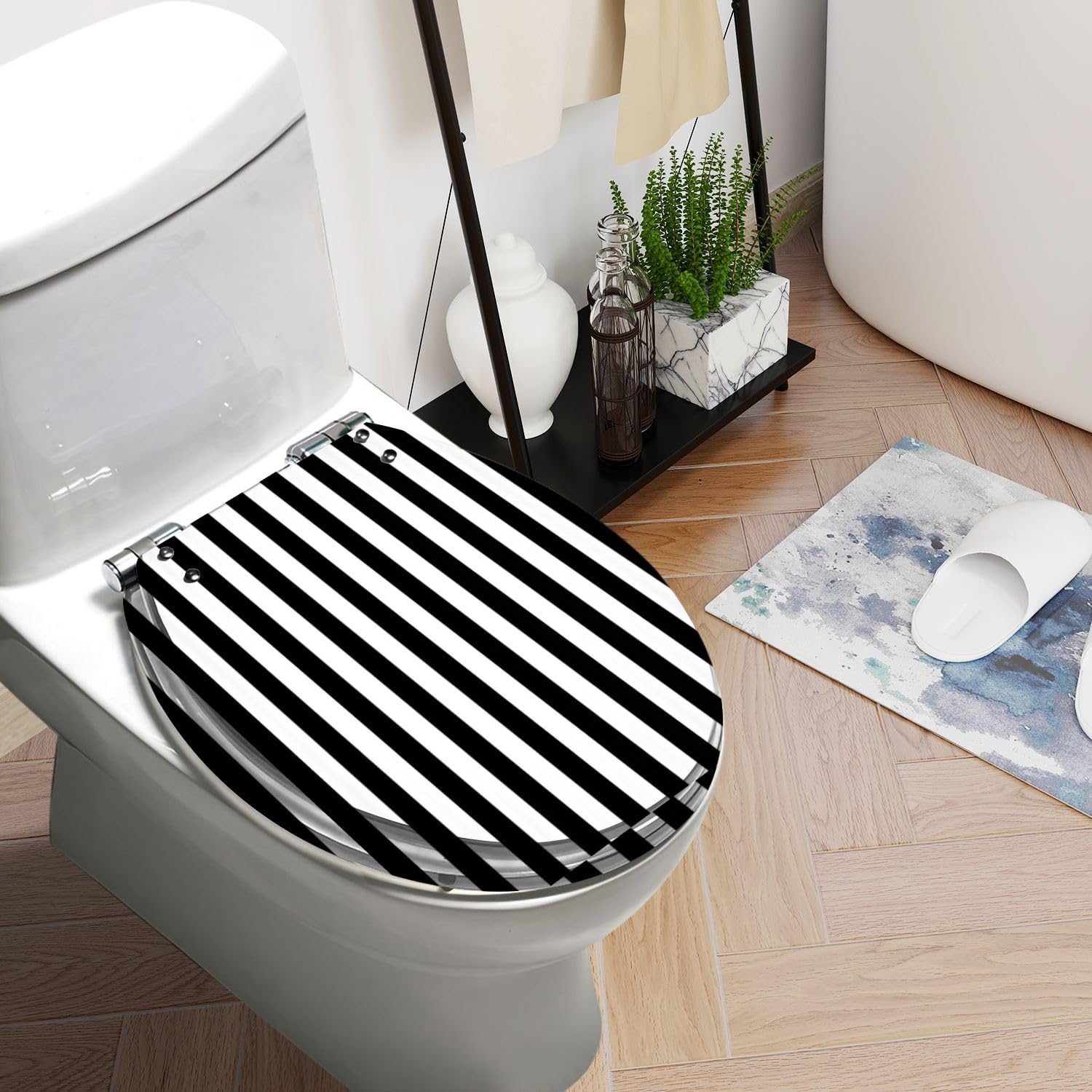 WHFEOIV9RE Round Toilet Seat Striped black white Resin Toilet Seat Quietly Slow Close with Quick-Release Hinges Toilet Seat with Cover Easy to Clean Install