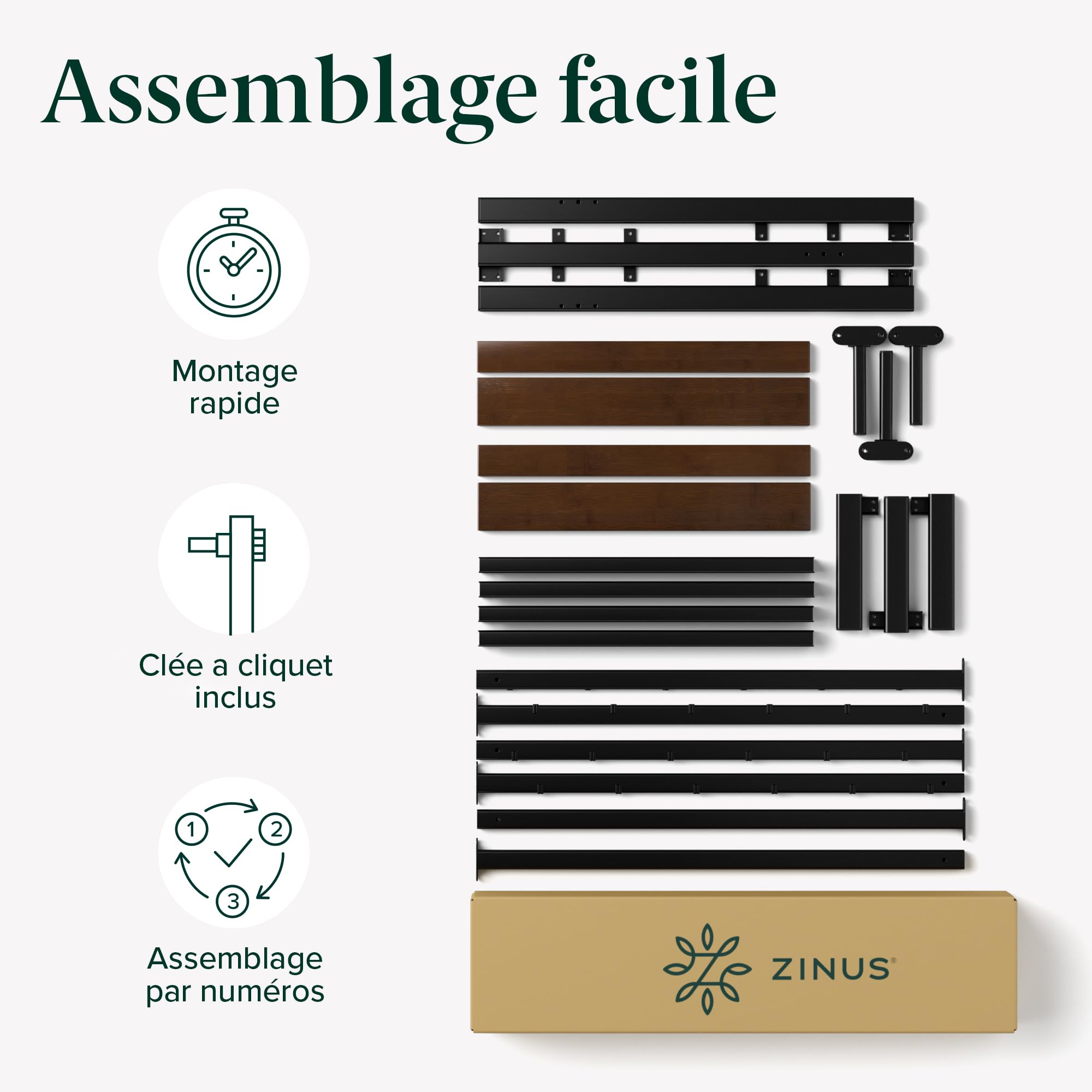 Zinus Kai Sommier 90x190 cm avec Lattes en Métal - Cadre & Tête de Lit 1 Personne en Bambou & Acier Robuste - Hauteur 25.4 cm pour Rangement - Montage Facile - Noir & Marron