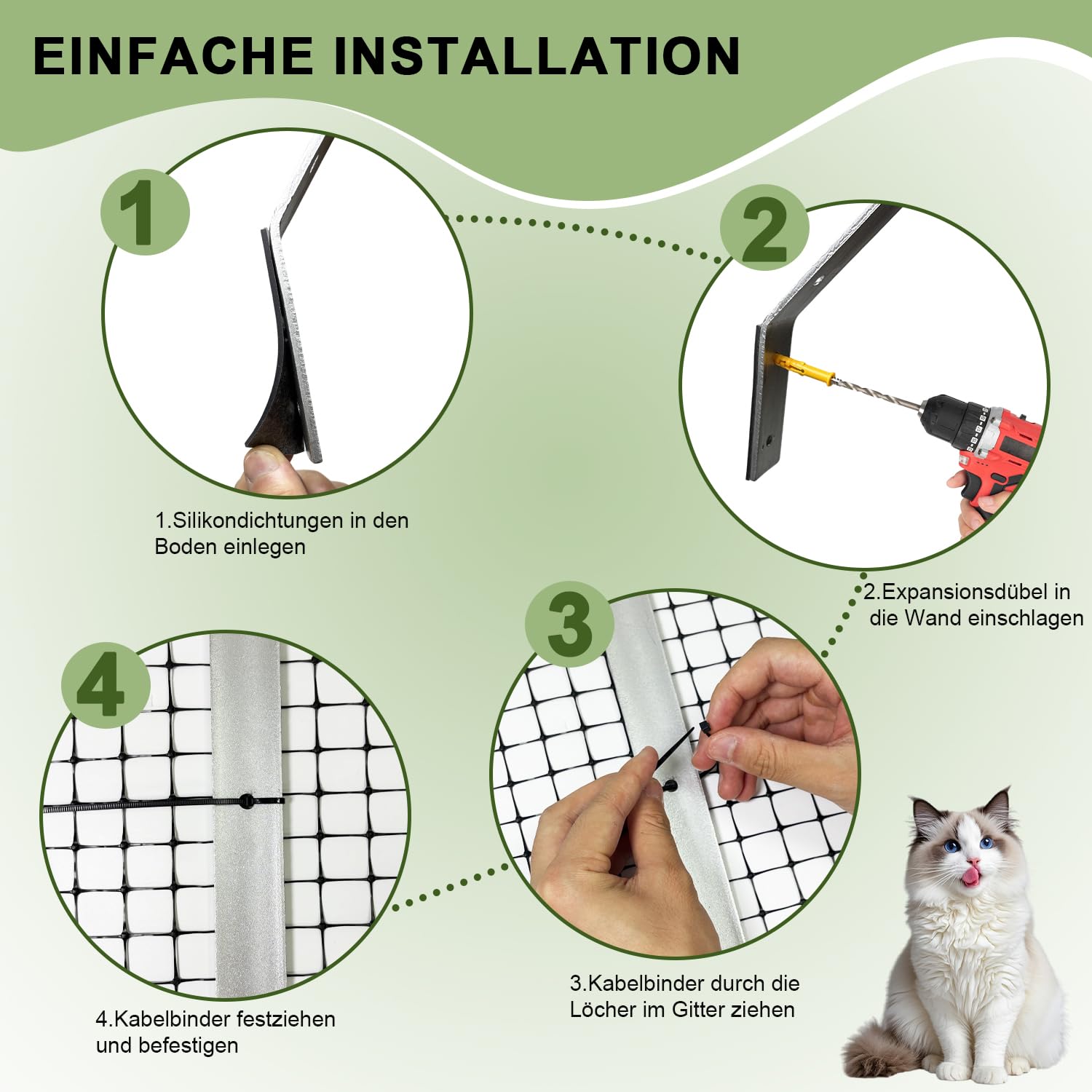 Warmfay Katzensicherer Zaun Anti Kletter Barriere, Sicheres Outdoor Katzenzaun Set mit Maschengewebe & Überhanghalterungen, Wetterfestes Garten Catio-Einzäunungsset für Katzensicherheit & Schutz (15M)