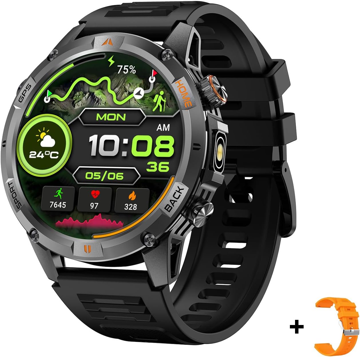 Smart Watch for Men with 7-Day Battery and Built-in GPS, 1.46" Round Fitness Watch, Heart Rate/SpO2/Sleep Monitor, IP68 Waterproof, Compatible with Android iOS with 2 Interchangeable Bands (Black)