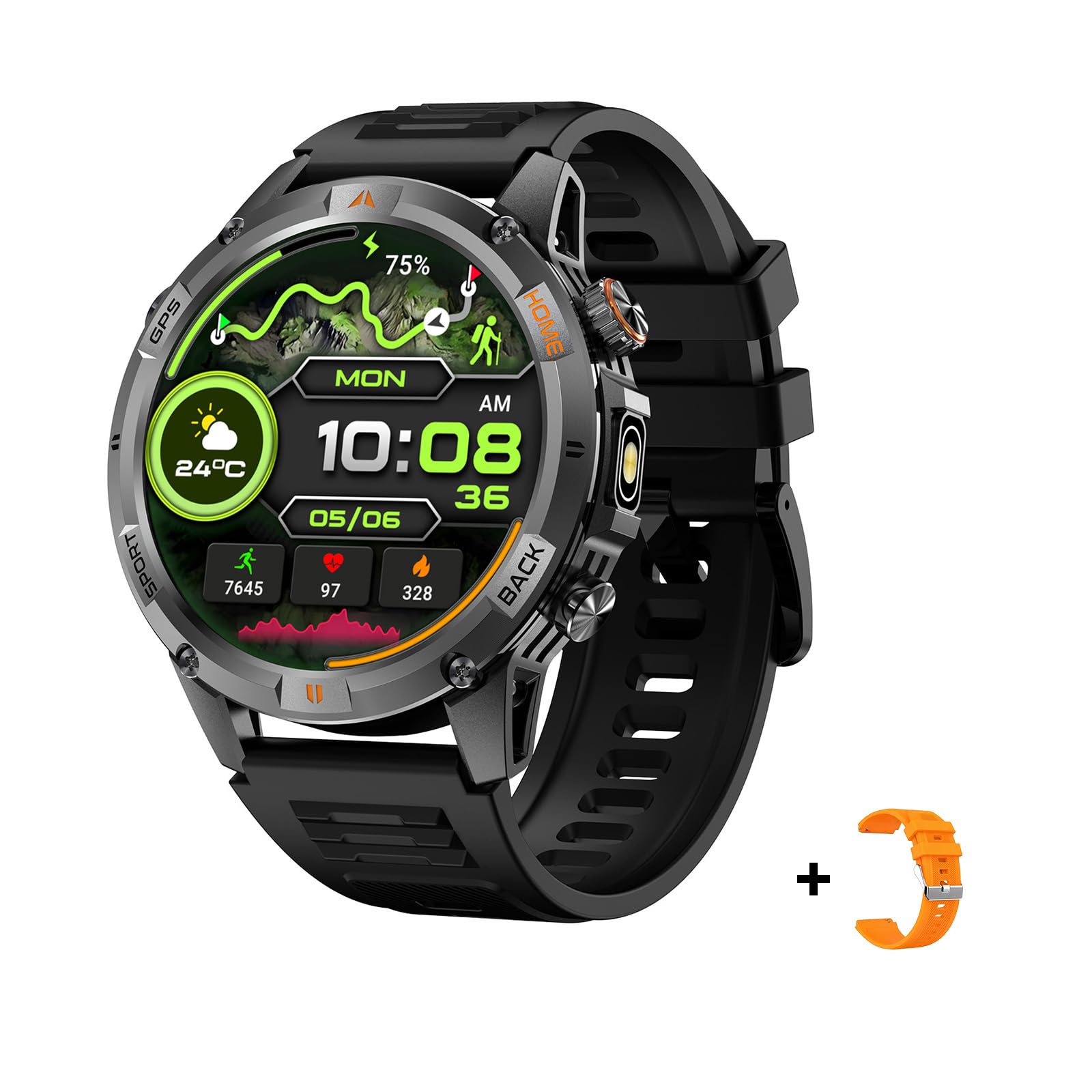 Smart Watch da uomo con batteria di 7 giorni e GPS integrato, orologio fitness rotondo da 1,44 pollici, cardiofrequenzimetro/SpO2/monitoraggio del sonno, impermeabile IP68, compatibile con