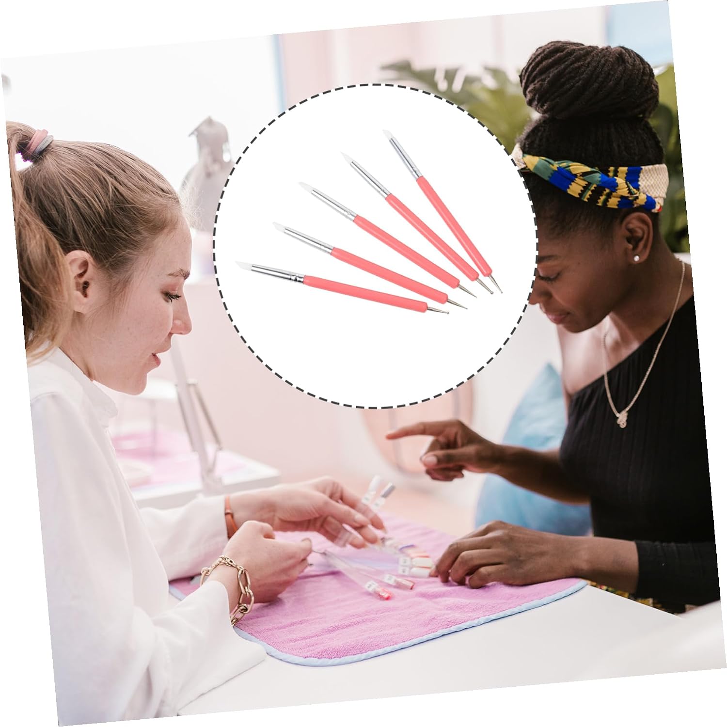 5 Pcs Dual-ended Nail Art Dotting Pen with Acrylic and Silicone Tips, Pink Manicure Brush Set for Salon and Home Nail Design