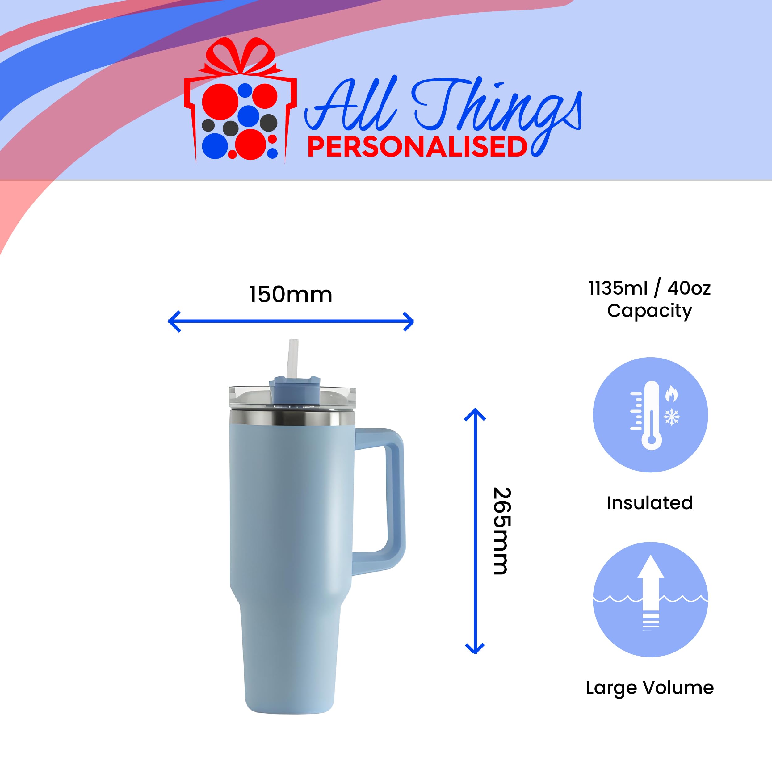 Vaso térmico grabado personalizado, taza de viaje aislada de 40 onzas/1135 ml, taza de café de viaje grande azul claro, personalizable con cualquier nombre y fuente, acero inoxidable, popote y asa
