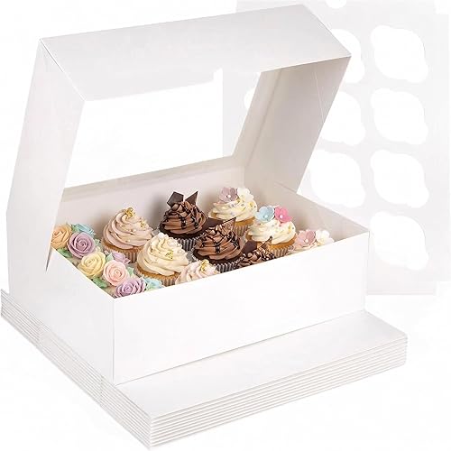 Miniatura 10 de VGOODALL 12 cajas para cupcakes, 6 soportes para cupcakes de Halloween con ventana, cajas de pastelería negras para cumpleaños, vacaciones
