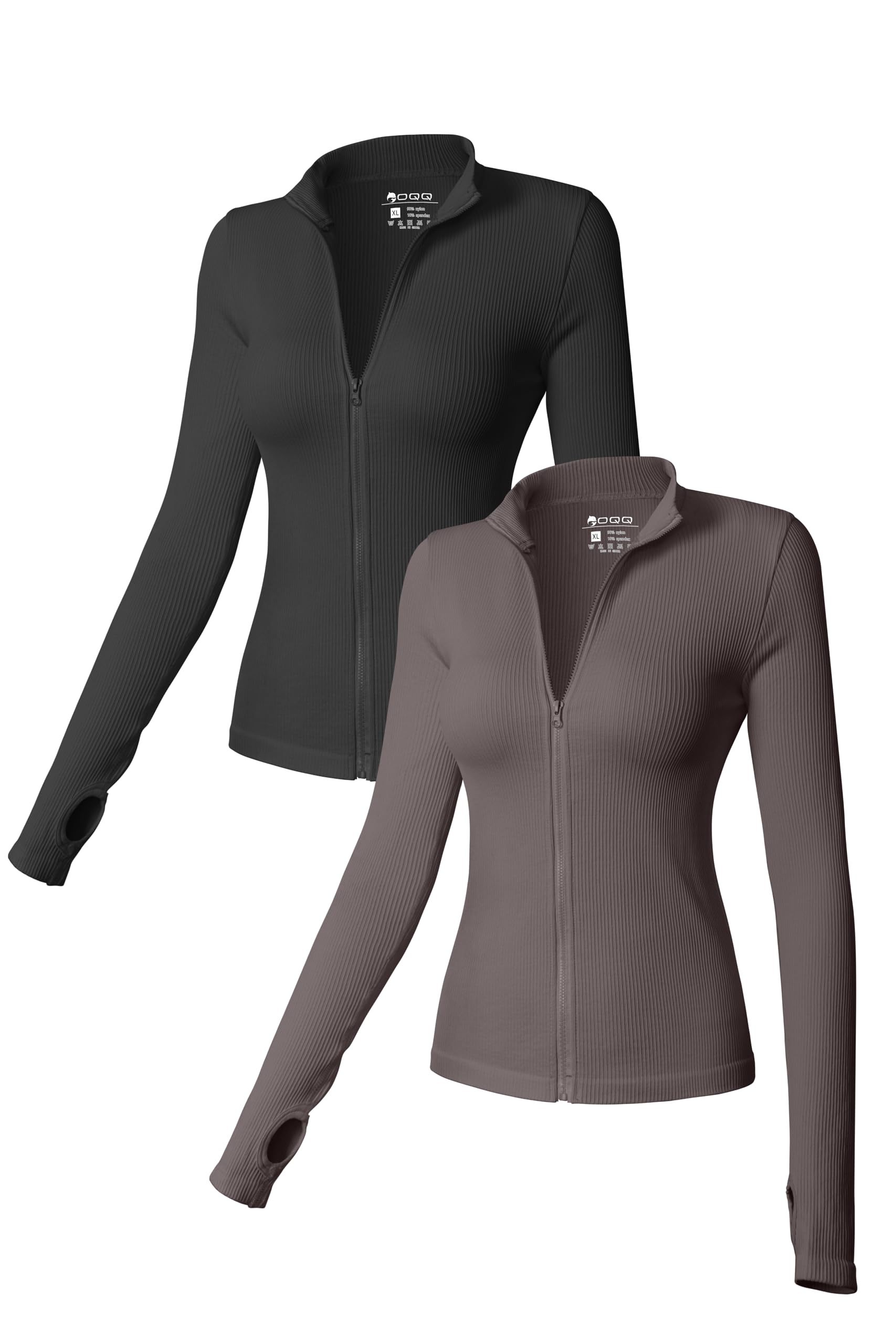 OQQ Womens 2 Piece Long Sleeve Tops Stand Neck Front Zipped Stretch Fitted Underscrubs Tee Shirts Tops