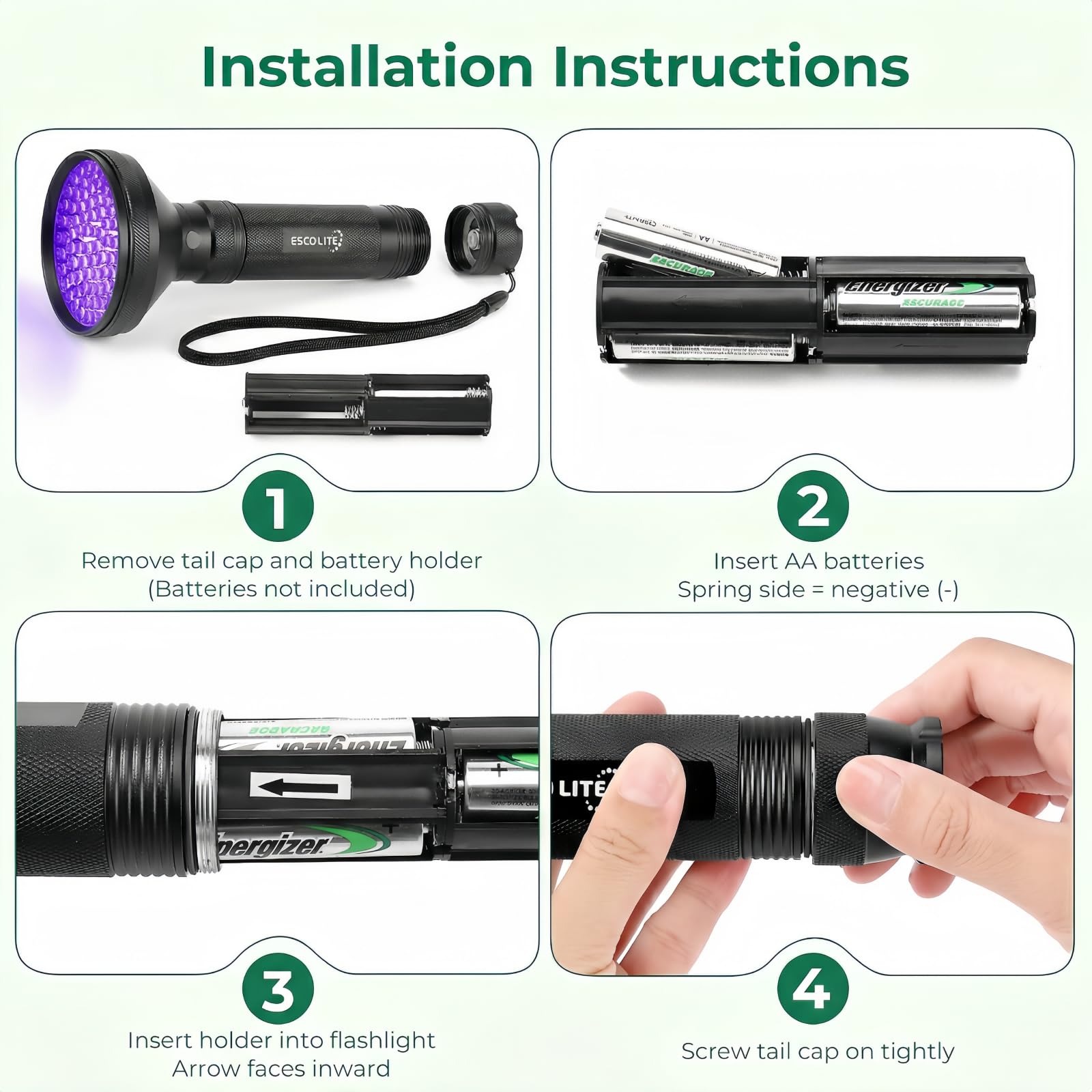 ESCO LITE Latarka UV, czarne światło, 100 diod LED, 395 nM, ultrafioletowe, detektor czarnego światła UV, do moczu psa, plam zwierząt domowych i pluskiew, dopasowana do eliminatora zapachów zwierząt
