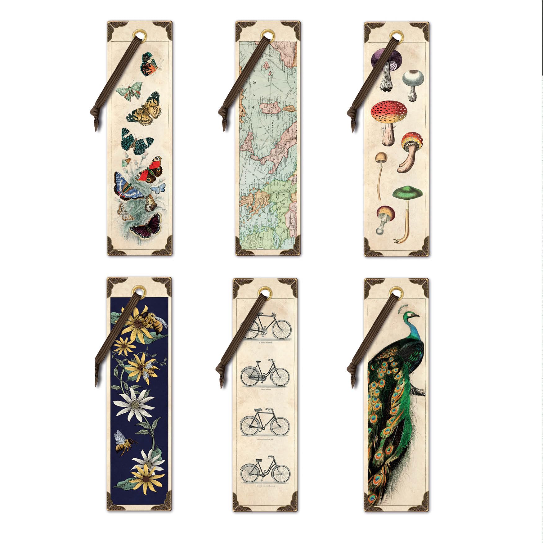 IF Vintage Set 2 (6pcs) - Butterflies, Map, Fungi, Bees & Flowers, Bicycles, Peacock Bookmarks
