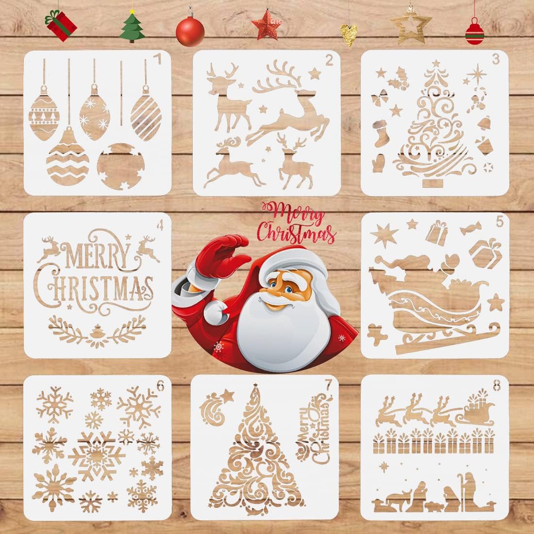 Navidad Plantillas Dibujo Niños, FUKPO 8 Piezas Stencil Plantillas Plástico Pintura Plantillas Reutilizable para Manualidades, Scrapbooking, Ventana, Diario, Navideña Decoración