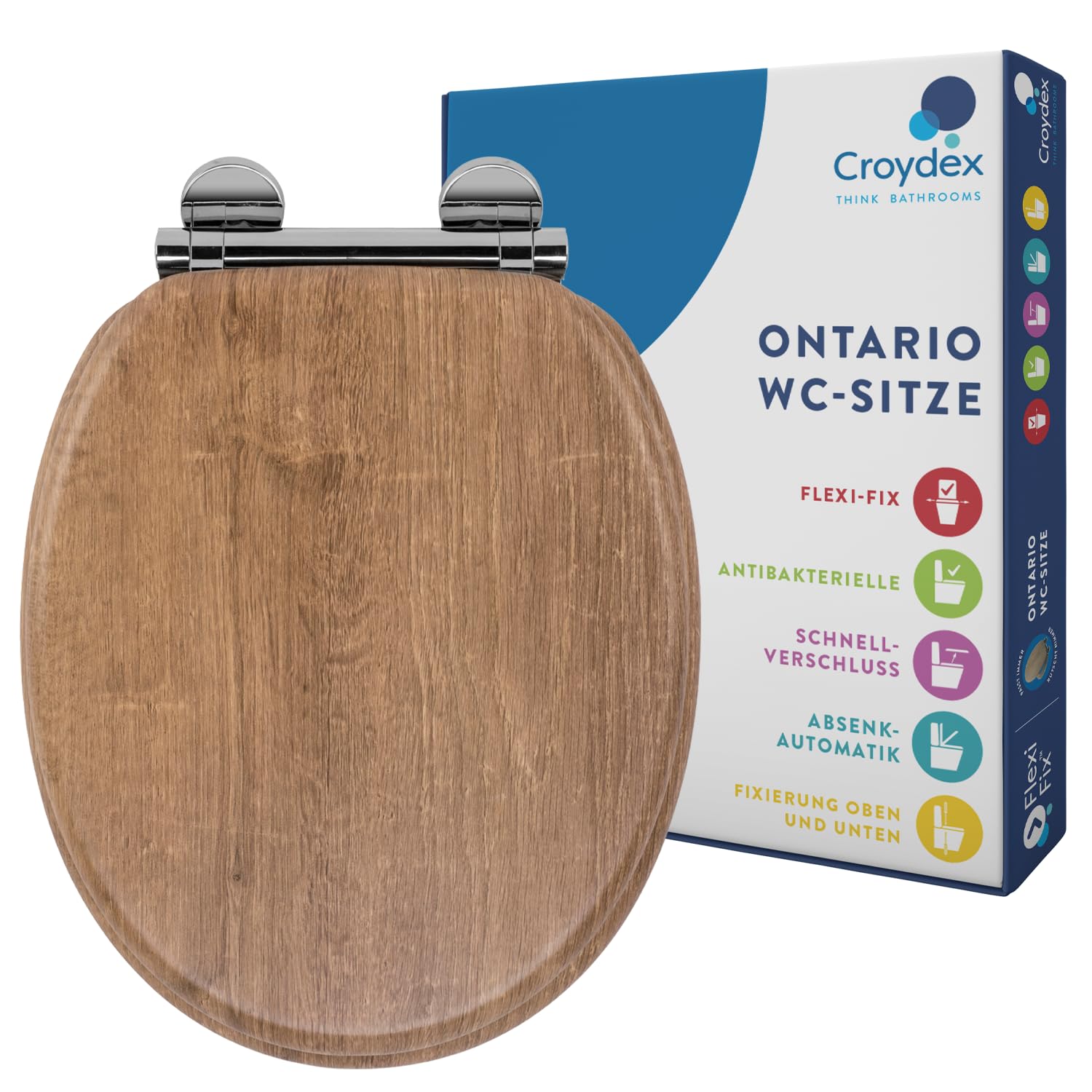 Croydex Ontario WC Sitz mit Absenkautomatik aus Holz – Flexi-Fix Einfache Montage - Schnellverschluss für einfache Reinigung – Antibakterieller toilettendeckel - Teakholz-Effekt