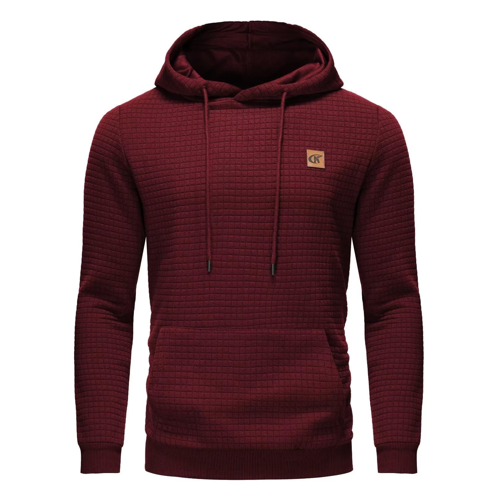 YuKaiChen Herren Kapuzenpullover Casual Langarm Karierten Kordelzug Jacquard Hooded Sweat mit Fleece Innenseite Weinrot L