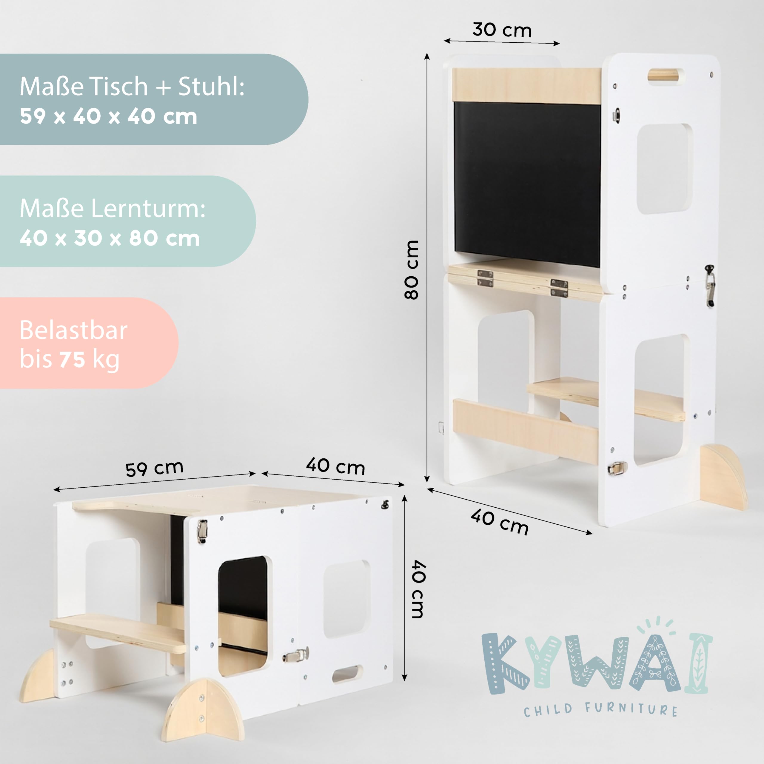 Lernturm ab 1 Jahr – Lernturm Klappbar 3 in 1 mit Tafel – Learning Tower für Kinder – Faltbar mit Sicherheitsfüßen – Aus Nachhaltigem Holz – Stabiler Montessori-Hocker für Zuhause